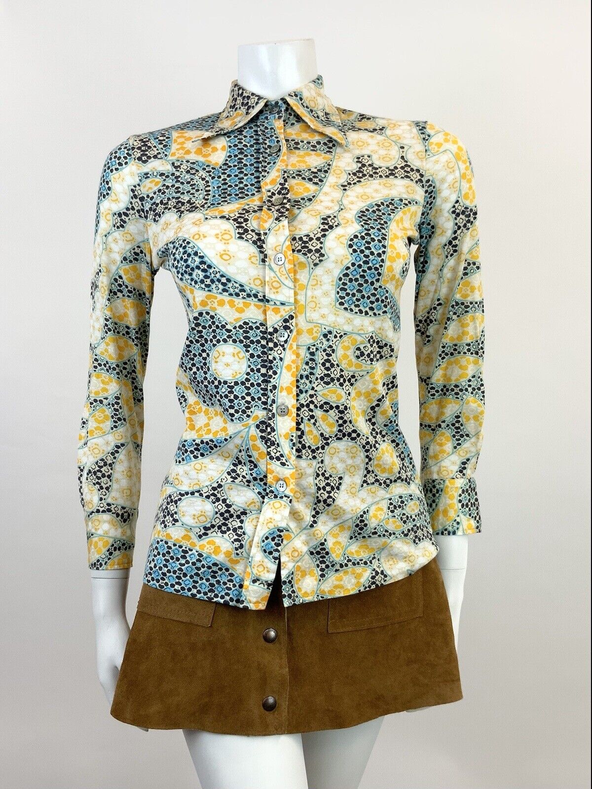 VINTAGE 60s 70s CREAM YELLOW BLUE PSYCHEDELIC FLORAL MOD DAGGER SHIRT 8 10
