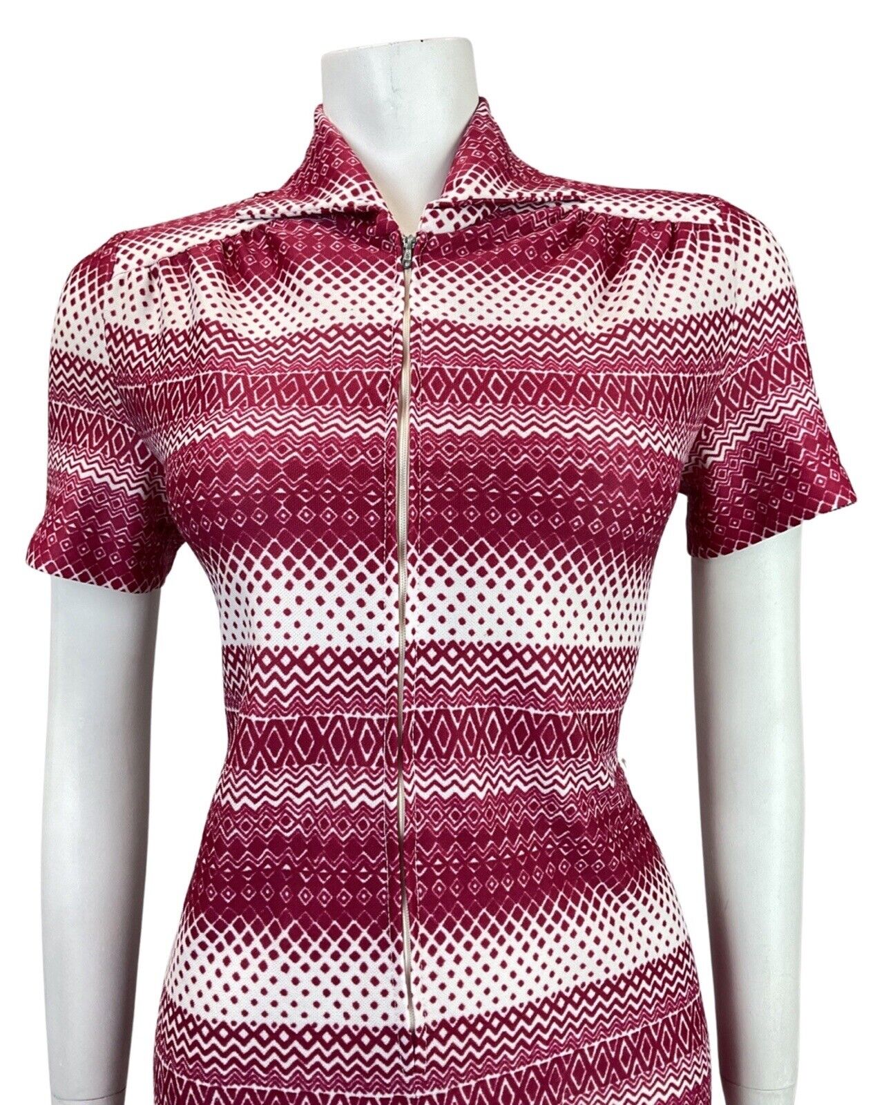 VINTAGE 60s 70s PURPLE GEOMETRIC STRIPED ZIG-ZAG DOTTY ZIP-UP MOD SHIRT DRESS 12