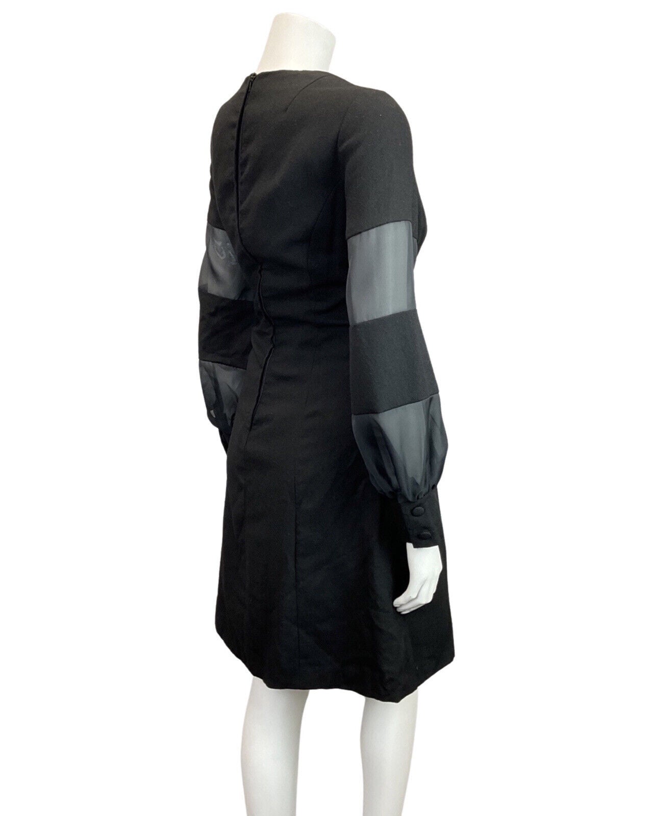 VINTAGE 60s 70s JET BLACK SHEER PUFF SLEEVE MOD DRESS 12