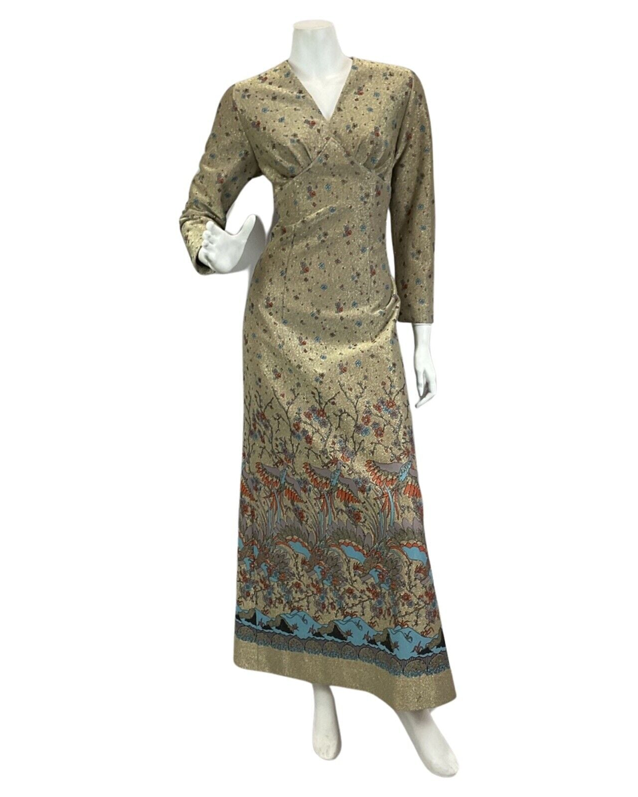 VINTAGE 60s 70s GOLD SPARKLY FLORAL BIRD PRINT DISCO BOHO FOLK MAXI DRESS 10 12