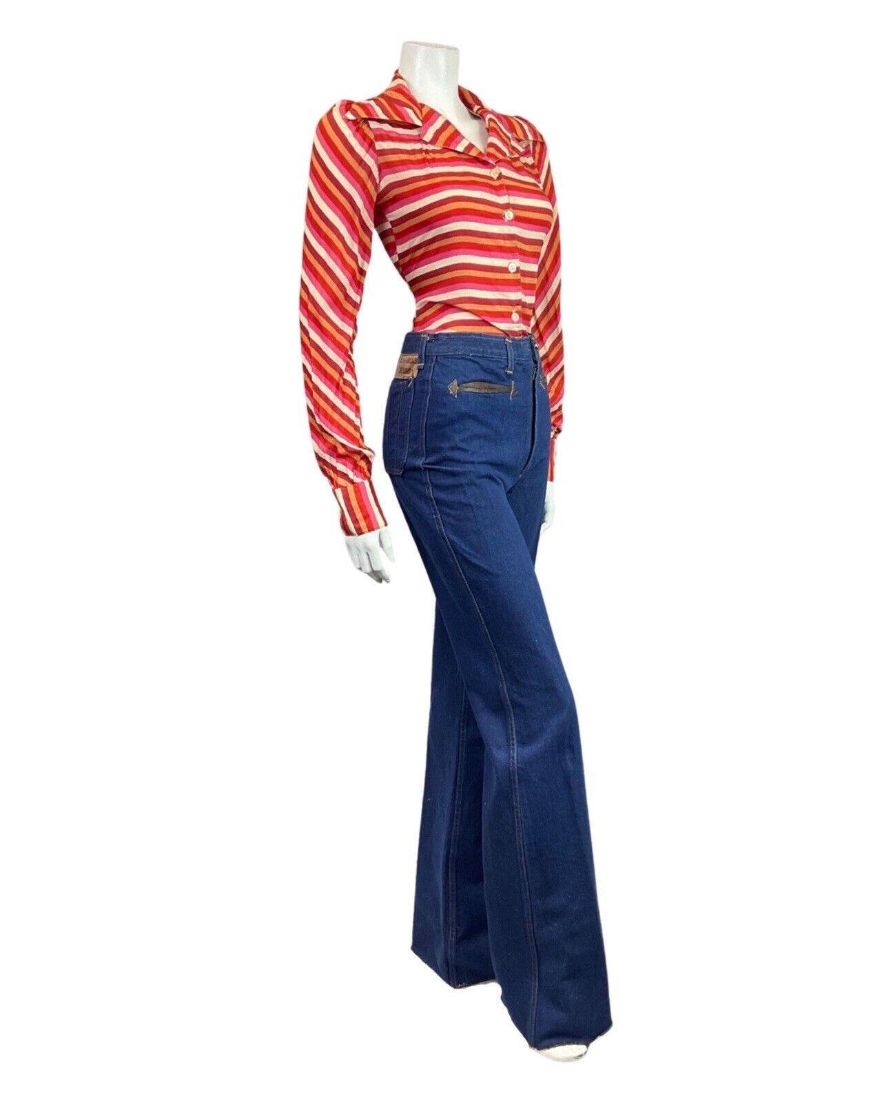 VINTAGE 60s 70s PINK RED GOLD STRIPED MOD DAGGER COLLAR SHIRT 8