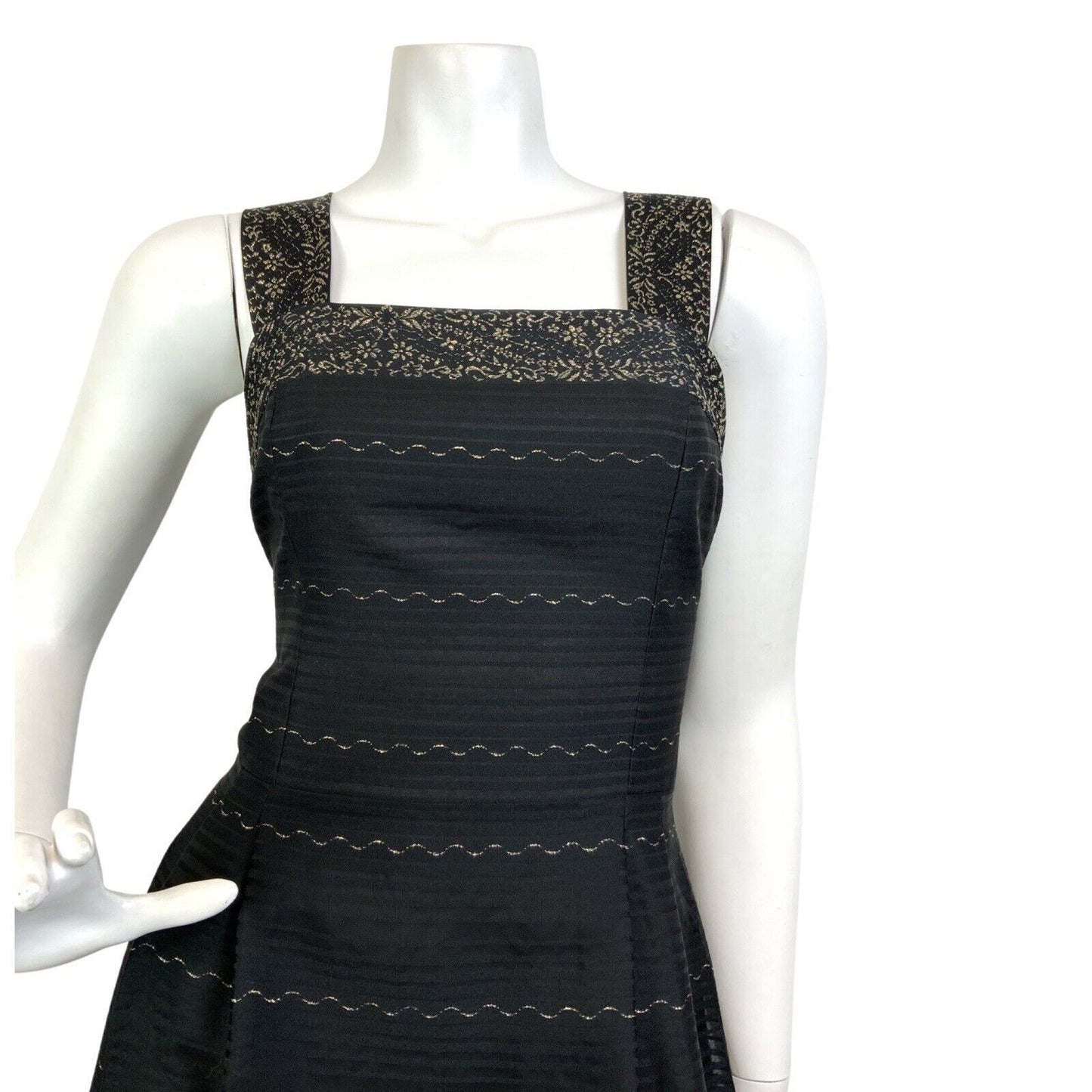 VINTAGE 60s 70s BLACK GOLD STRIPED FLORAL EMBROIDERED PARTY GLAM MAXI DRESS 8