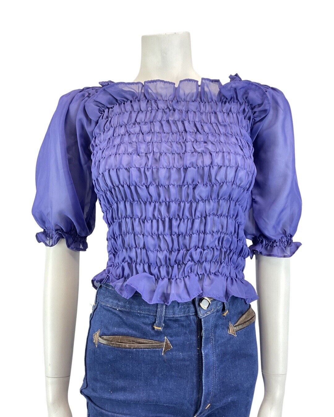VINTAGE 60s 70s VIOLET PURPLE SHEER SHIRRED BOHO MOD BLOUSE TOP 8 10