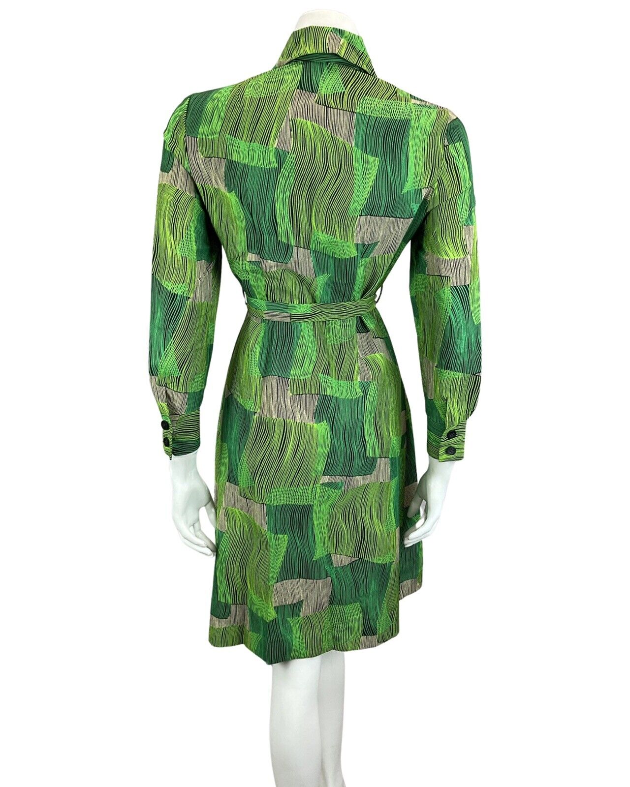 VINTAGE 60s 70s GREEN ABSTRACT PRINT DAGGER COLLAR MIDI MOD BOHO DRESS 12