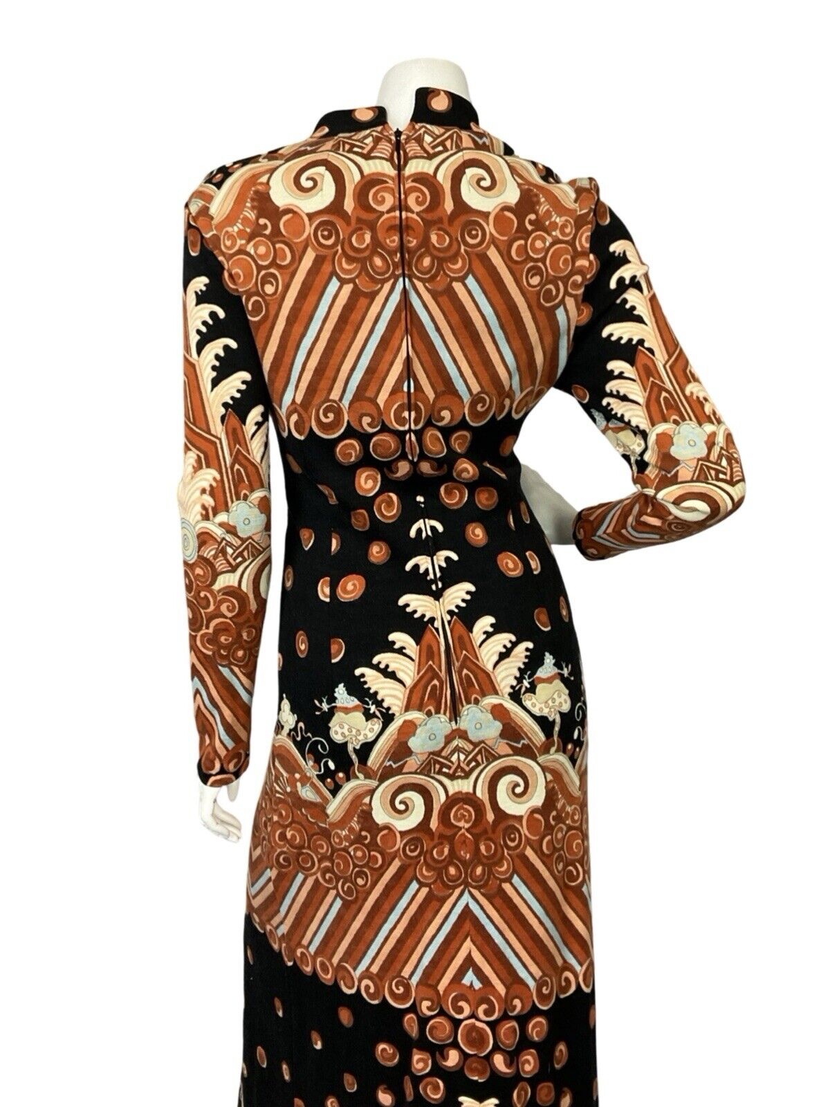 VTG 60S 70S ORANGE BLUE BLACK PSYCHEDELIC HIPPY KEYHOLE PARTY MAXI DRESS S 8 10