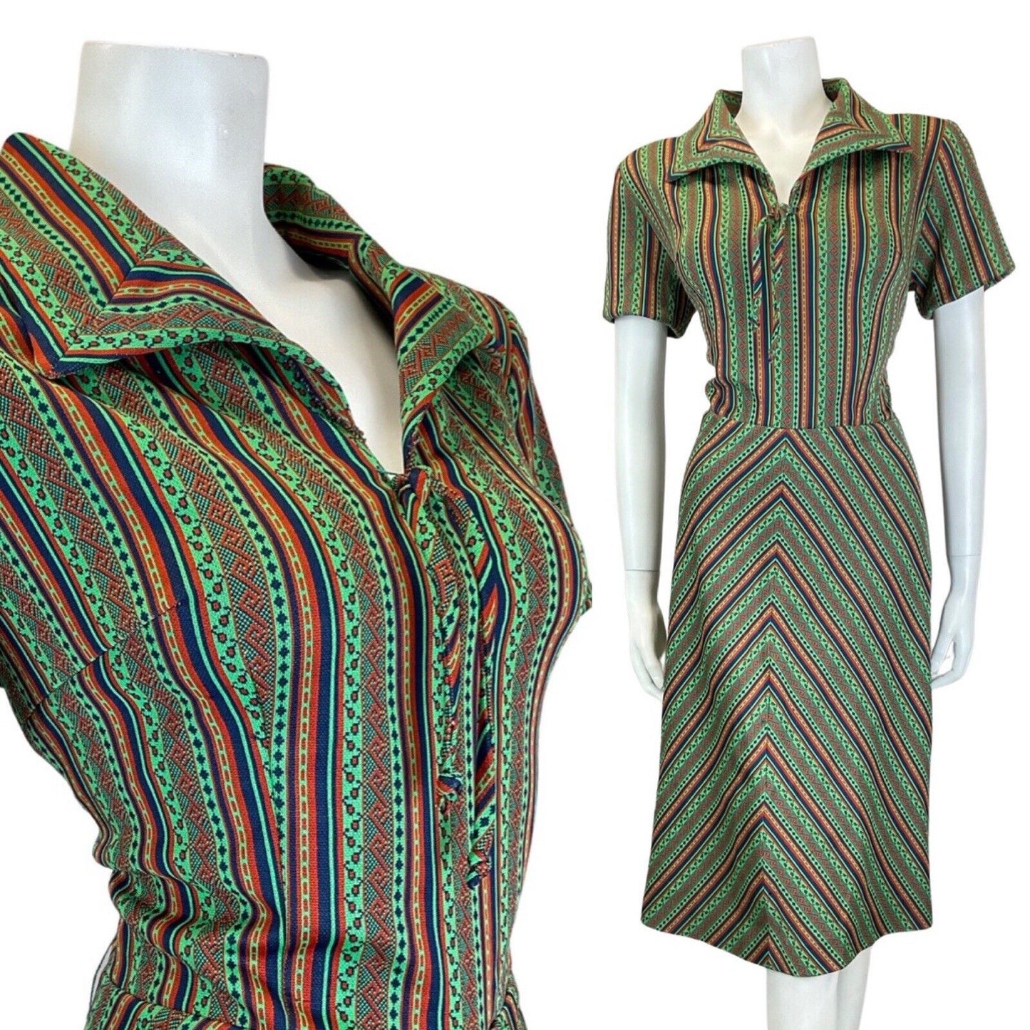 VINTAGE 60s 70s GREEN RED BLACK STRIPED GEOMETRIC BOHO FOLK SHIRT DRESS 16