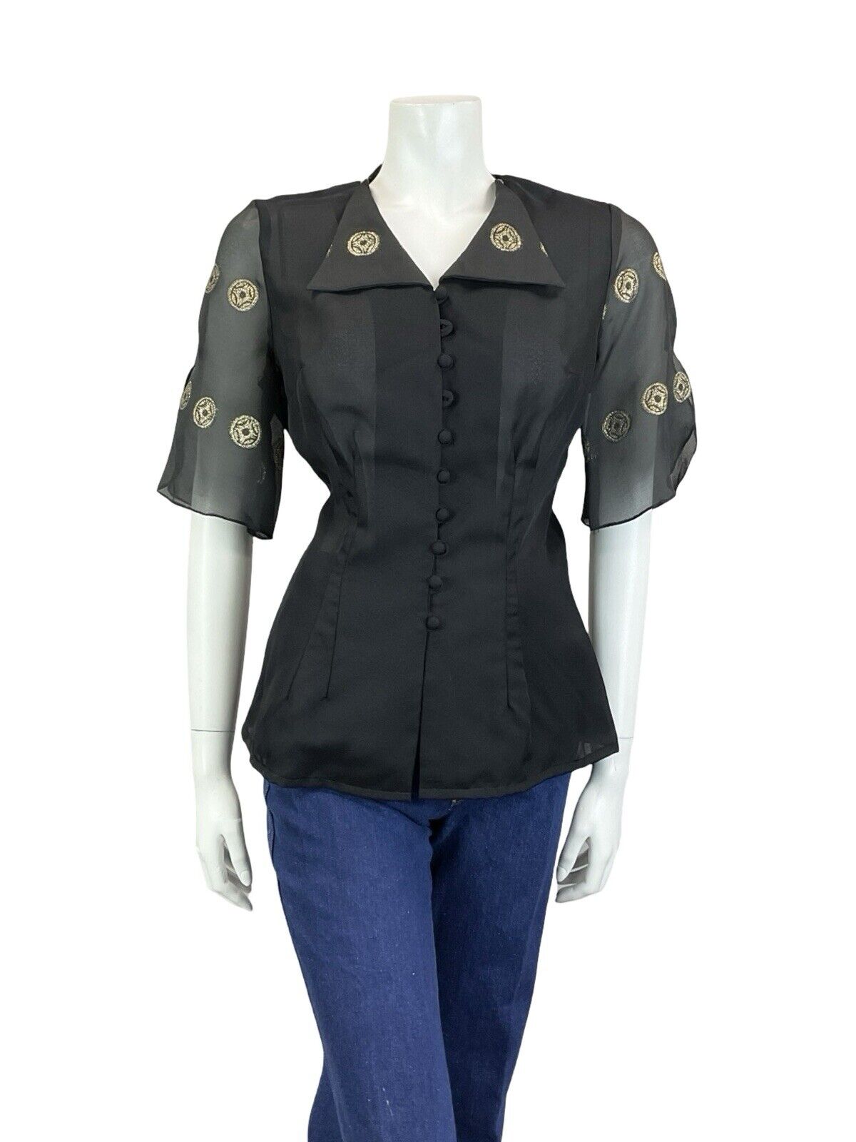 VTG 70S BLACK GOLD ART DECO FLOATY SLEEVE WING COLLAR FITTED PARTY TOP 10