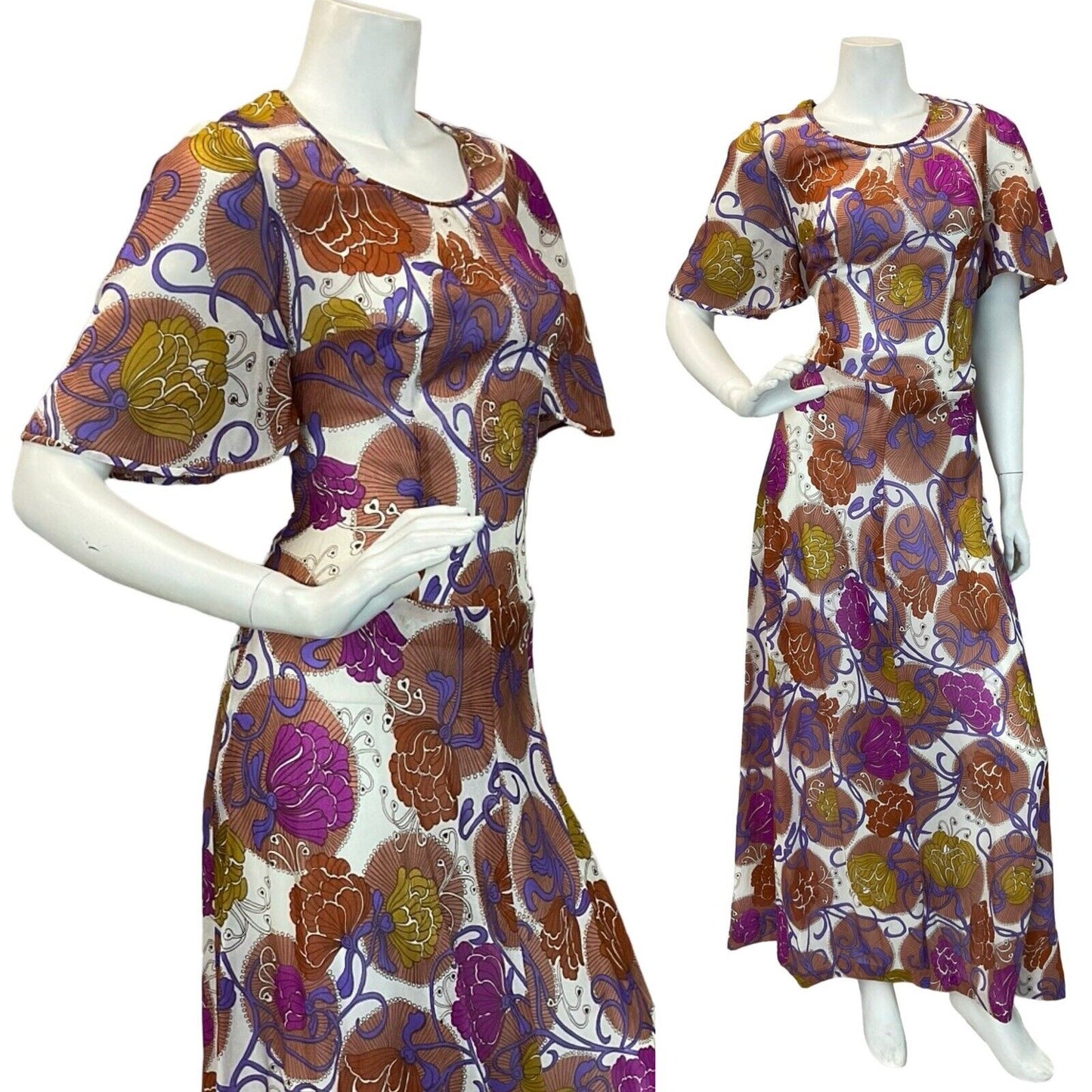 VTG 60s 70s TRIPPY FLORAL PATTERN MULTICOLOUR BUTTERFLY SLEEVE MAXI DRESS 12