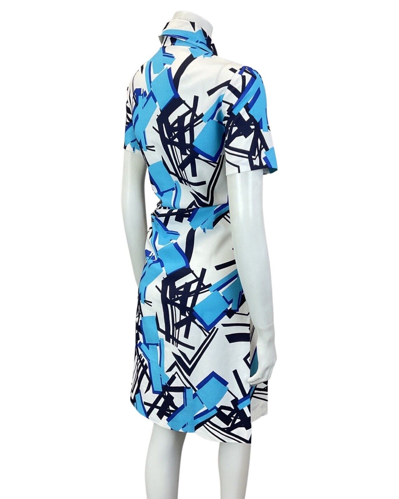 VINTAGE 60s 70s WHITE BLUE NAVY GEOMETRIC MOD DAGGER SHIRT DRES 10 12