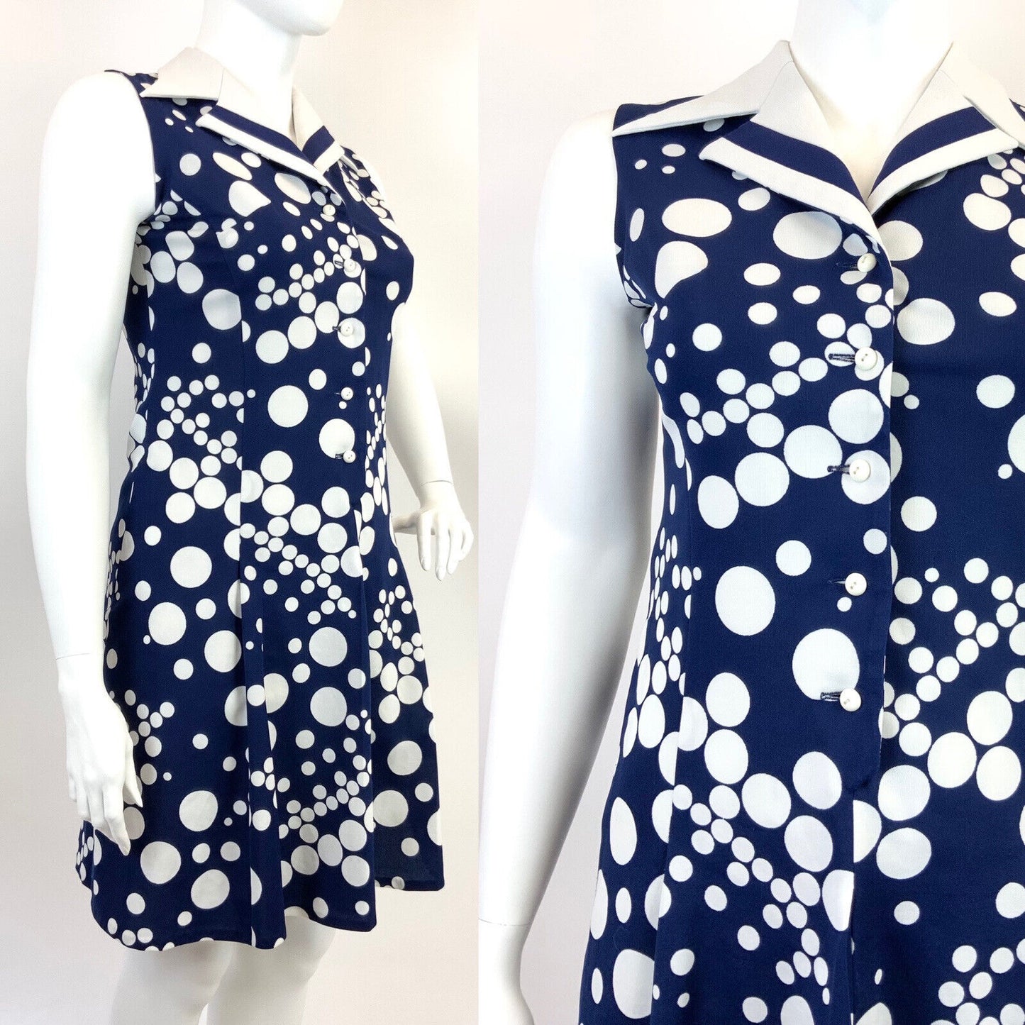VINTAGE 60s 70s NAVY BLUE WHITE DOTTY MOD SLEEVELESS DAGGER COLLAR DRESS 16 18