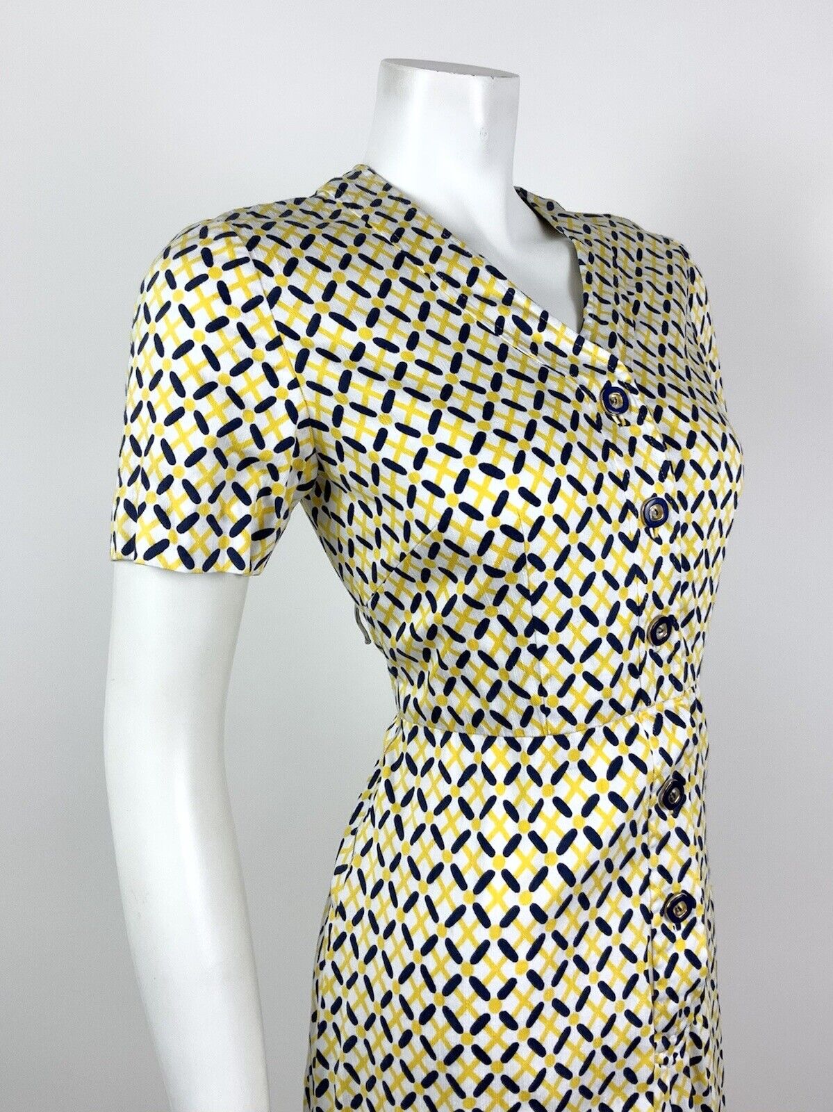 VINTAGE 60s 70s WHITE YELLOW NAVY BLUE CHECKED GEOMETRIC MOD DRESS 10