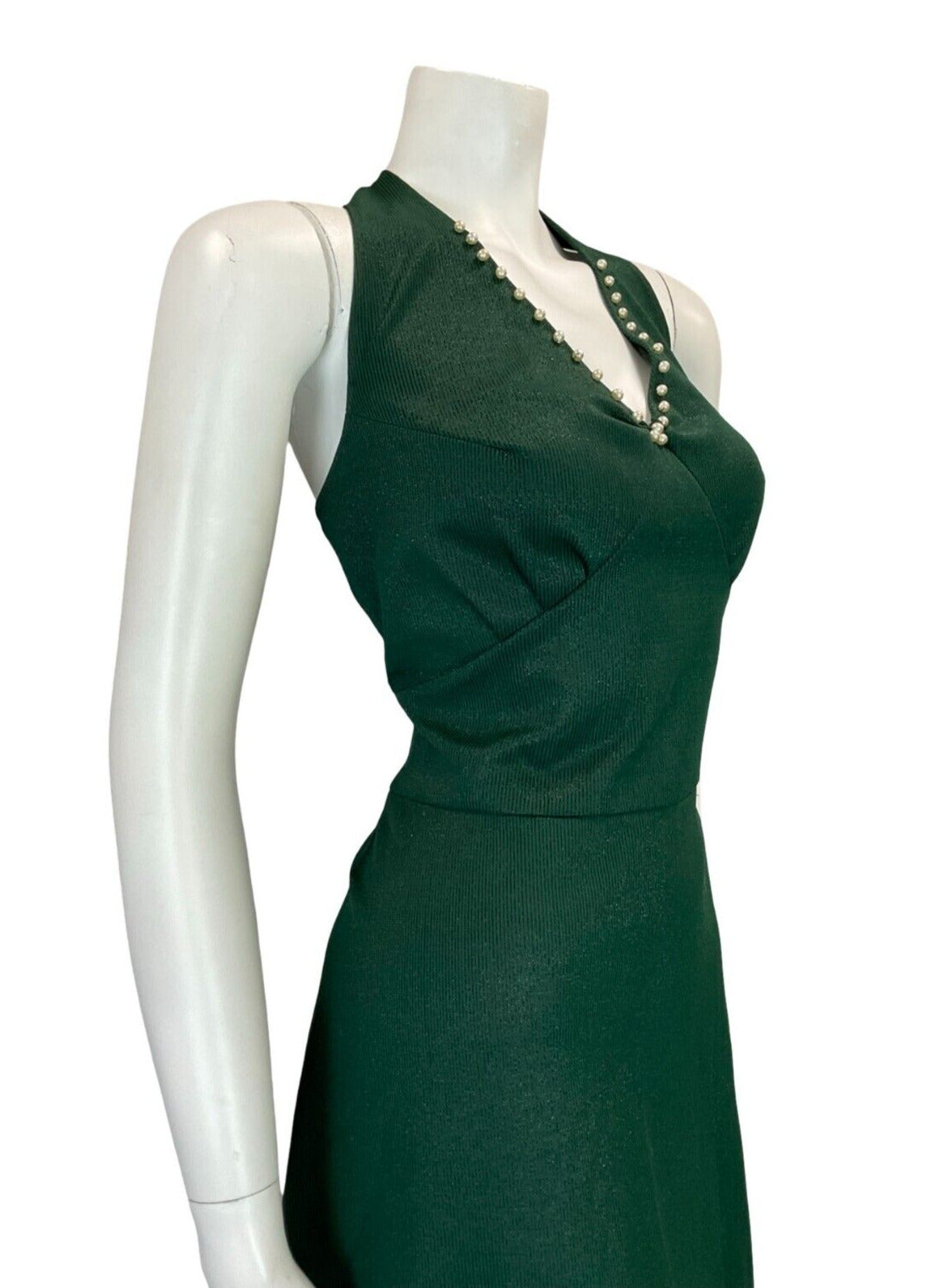 VTG 70S FOREST GREEN GLITTER LUREX PEARLS HALTER NECK MIDI DRESS SIZE 12 14 M