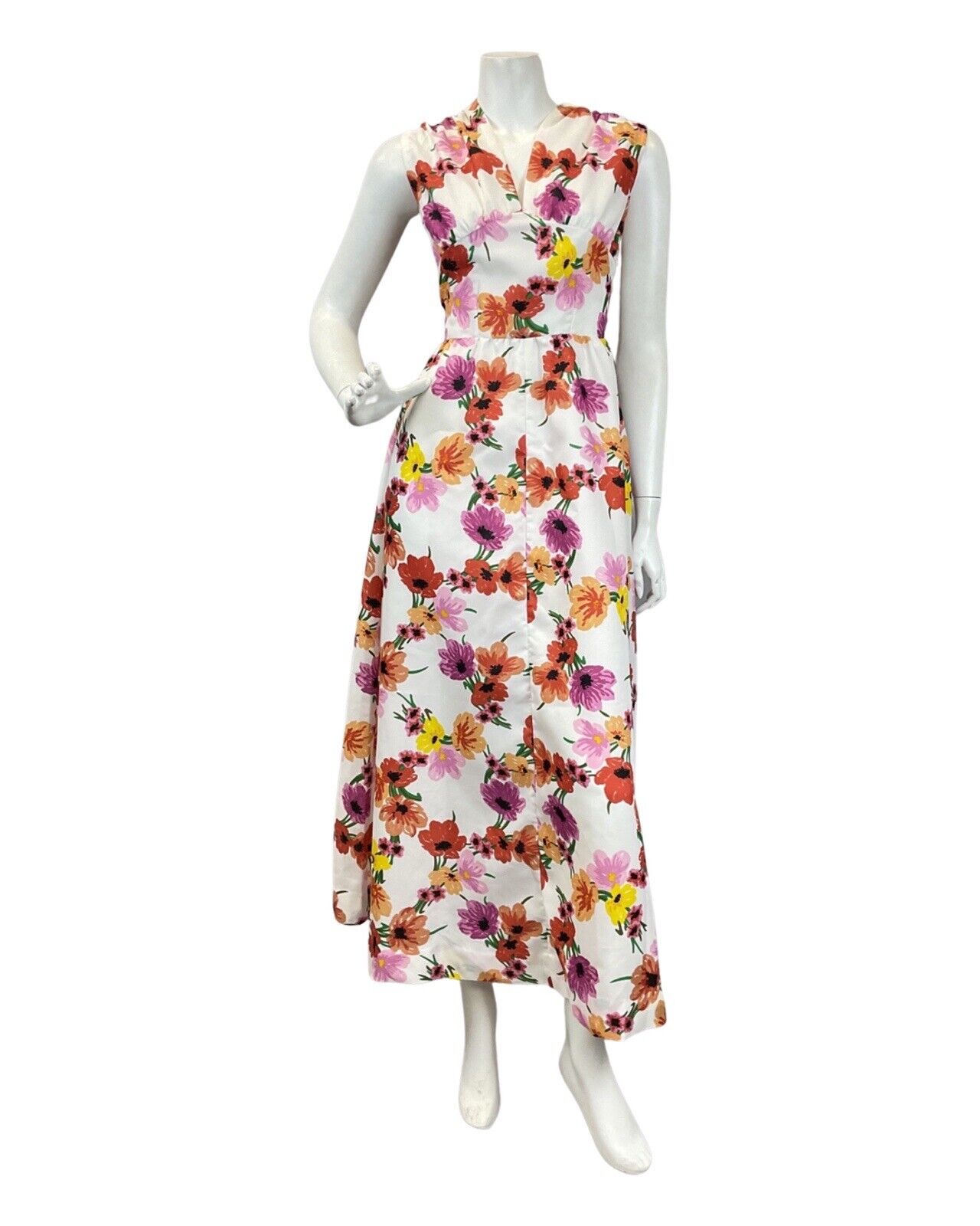 VINTAGE 60s 70s WHITE PURPLE RED FLORAL DAISY POPPY SLEEVELESS MAXI DRESS 8 10