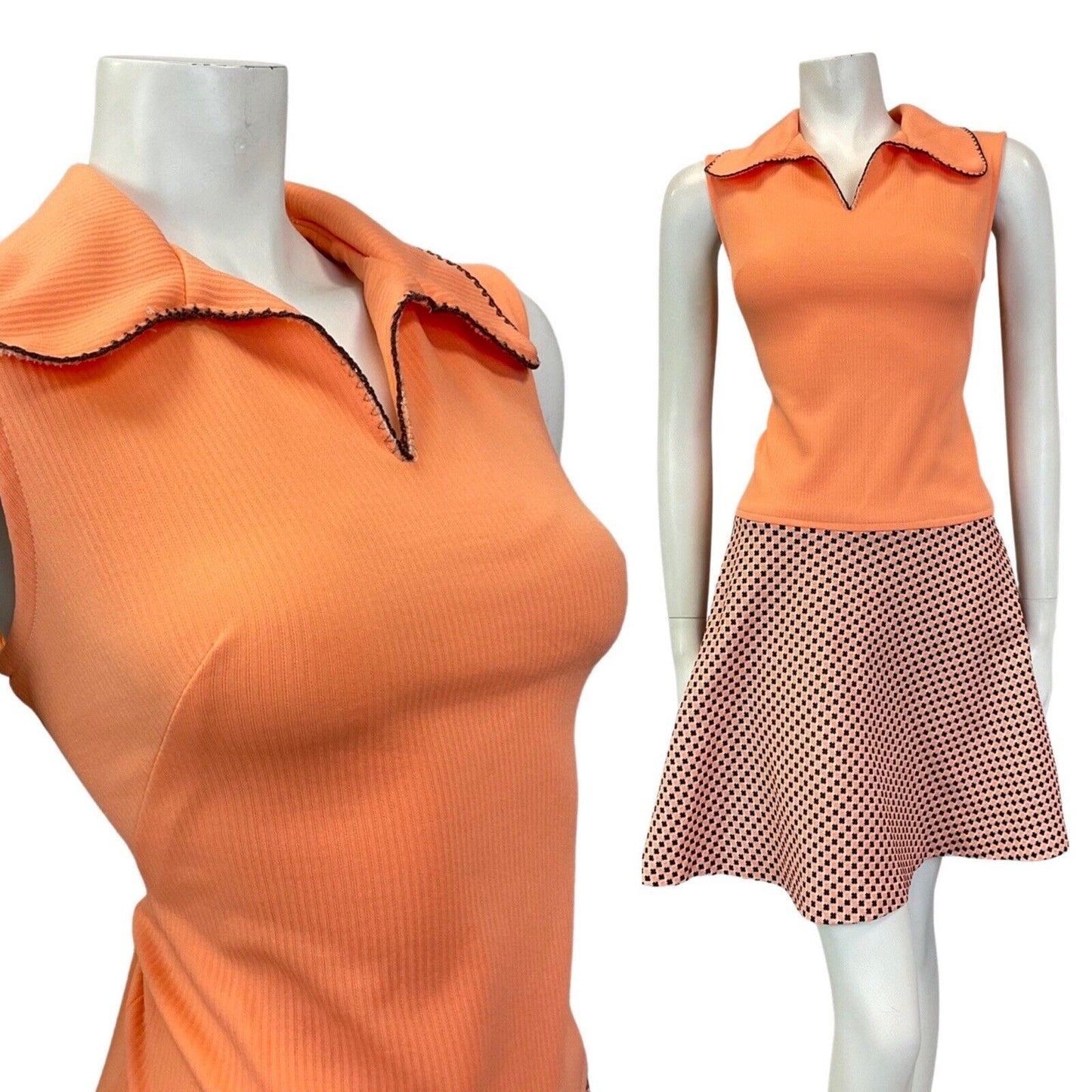 VINTAGE 60s 70s PEACH BROWN WHITE CHECKERBOARD MOD BEAGLE COLLAR SWING DRESS 14