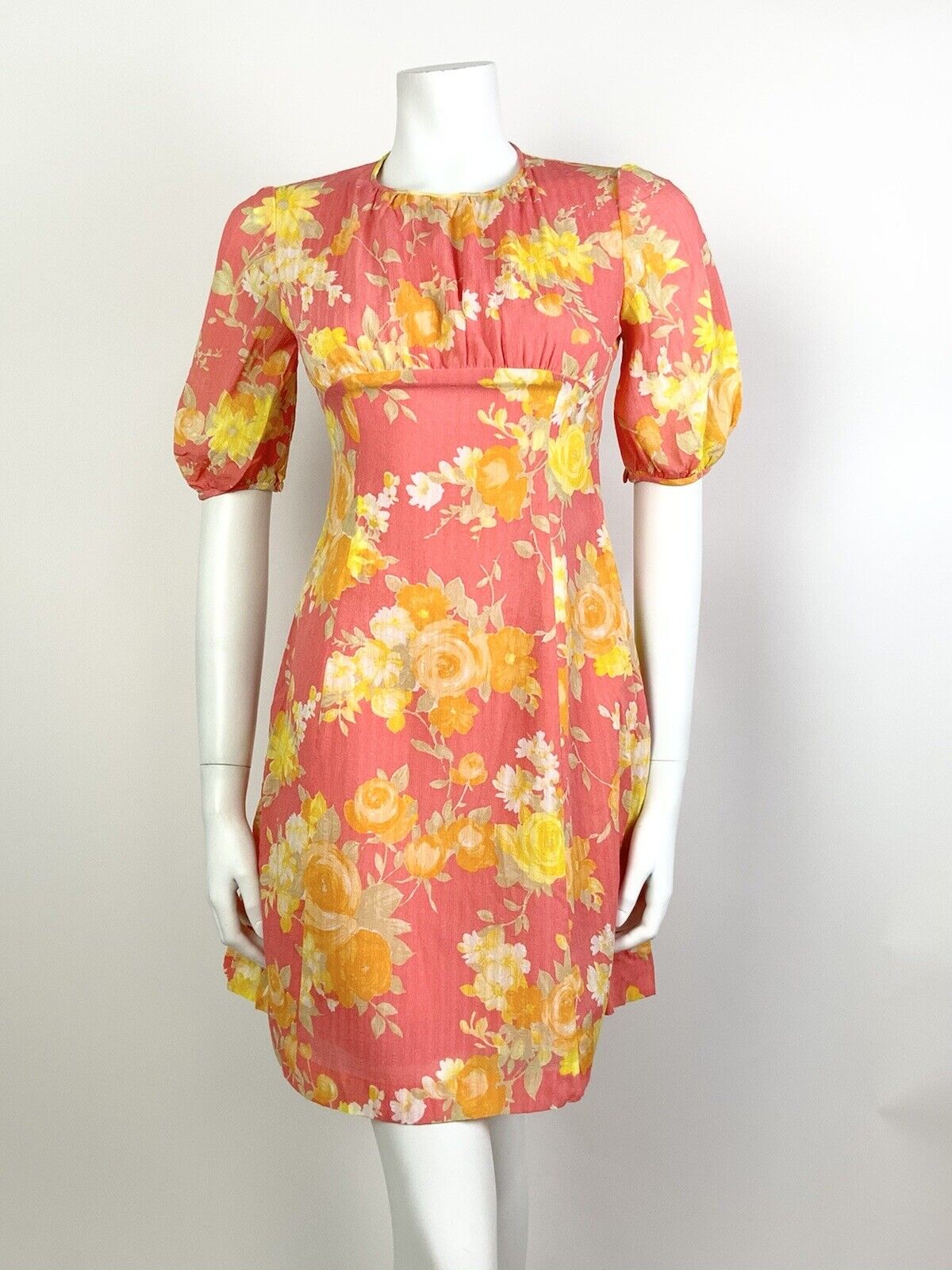 VINTAGE 60s 70s PINK YELLOW ORANGE FLORAL PUFF SLEEVE MOD EMPIRE LINE DRESS 8