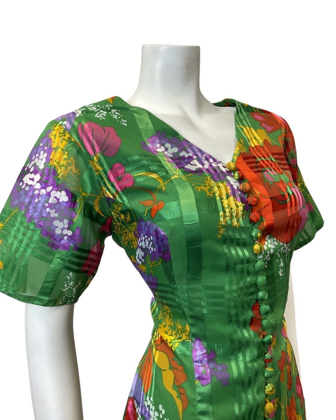 VINTAGE 60s 70s GREEN PURPLE RED FLORAL PLAID SHEER MOD DRESS 12 14