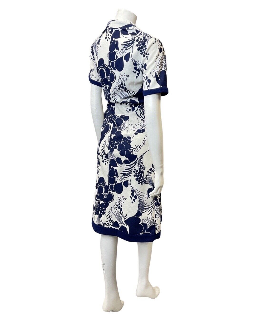 VINTAGE 60s 70s BLUE WHITE FLORAL DOTTY SHORT-SLEEVE MOD DAGGER SHIRT DRESS 14