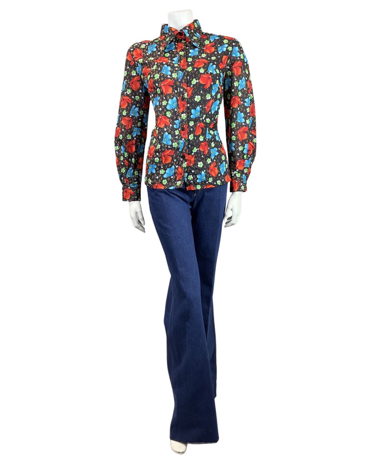 VINTAGE 60s 70s BLACK RED BLUE FLORAL MOD DAGGER COLLAR SHIRT 16 18