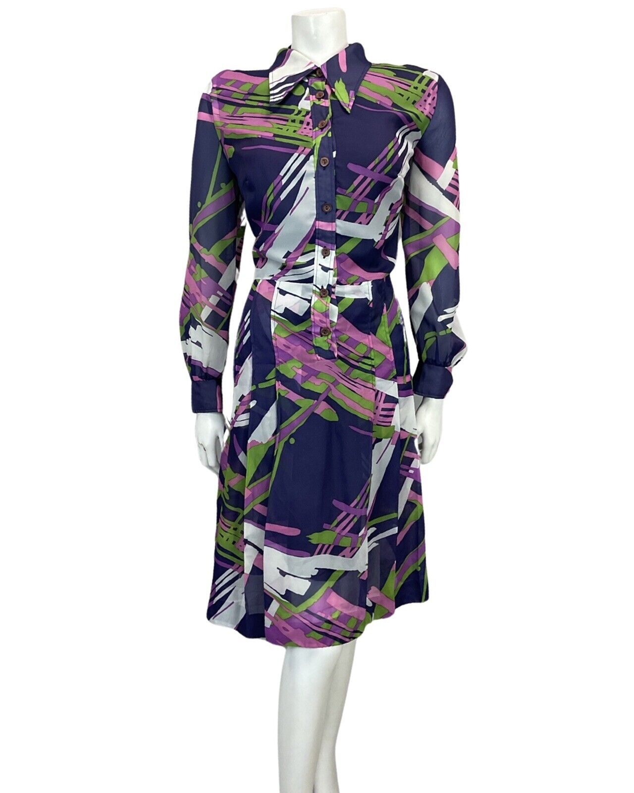 VINTAGE 60s 70s NAVY BLUE GREEN PURPLE PLEATED MIDI MOD DRESS 16