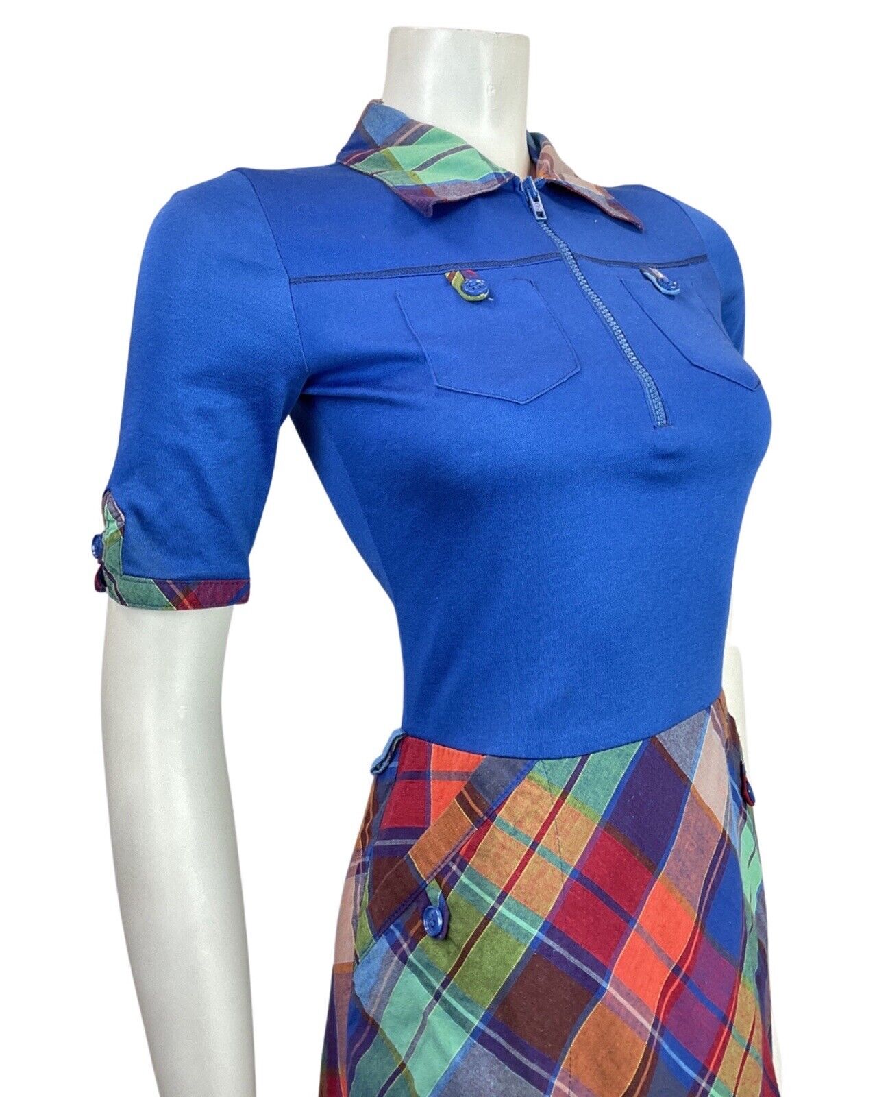 VINTAGE 60s 70s BLUE GREEN RED PLAID TARTAN MOD SWING MIDI SHIRT DRESS 8