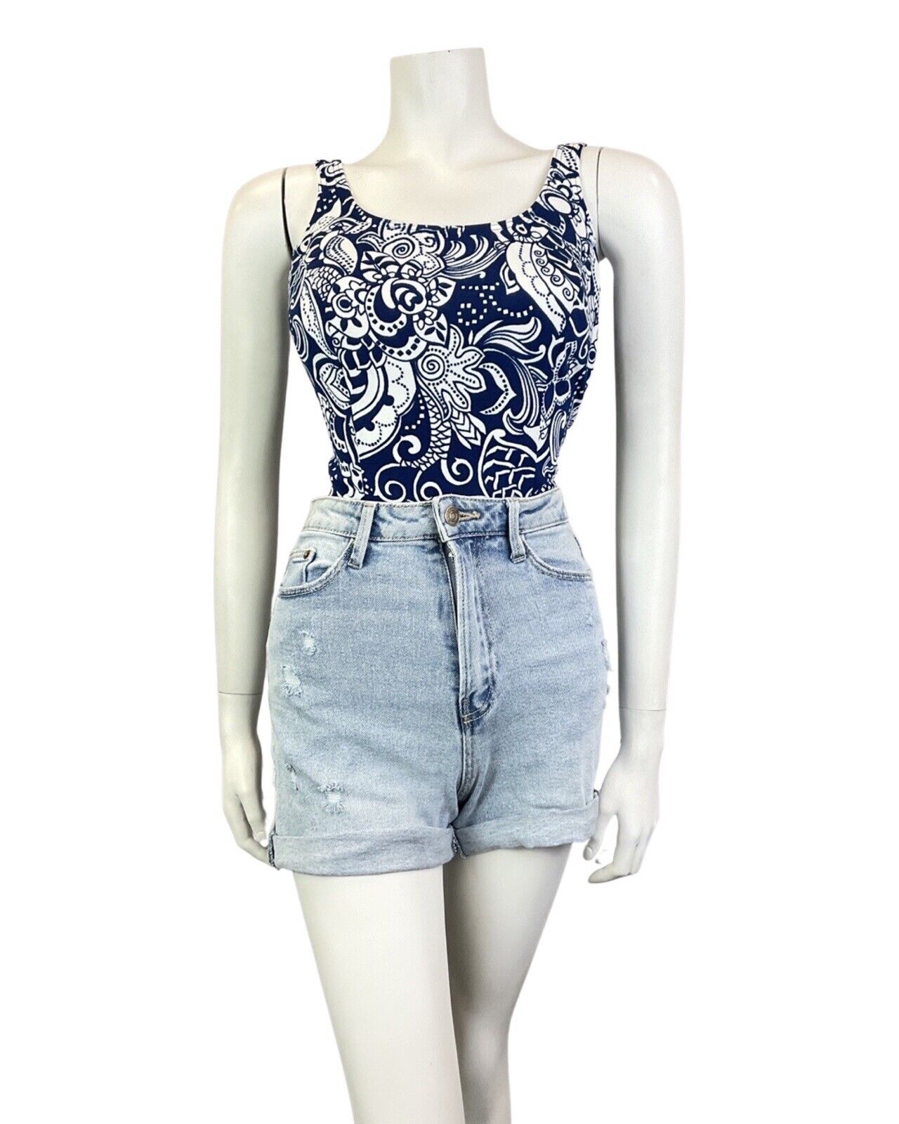 VINTAGE 60s 70s NAVY BLUE WHITE PSYCHEDELIC PAISLEY FLORAL SWIMSUIT BODYSUIT 10