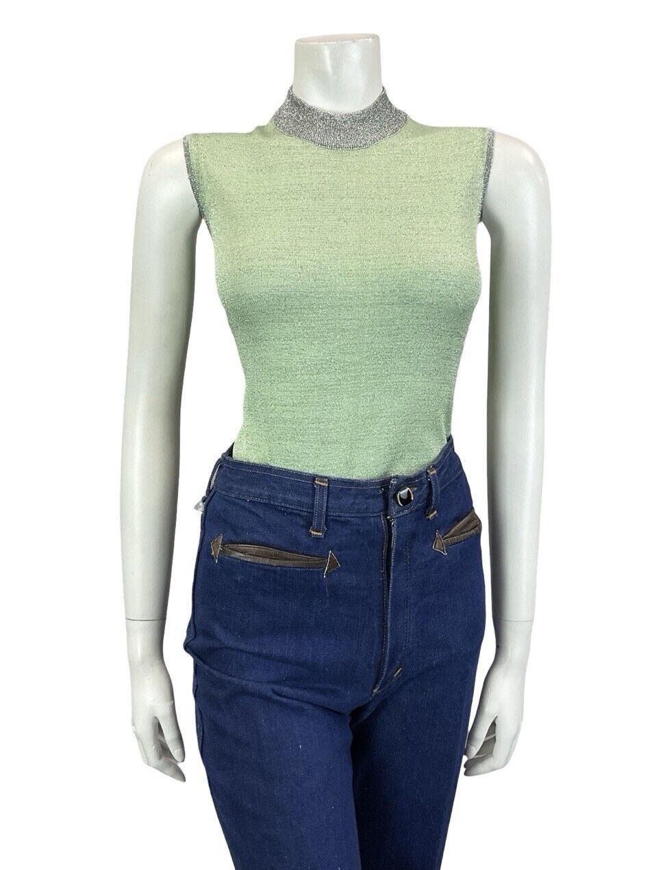 VTG 60S MOD GOGO PASTEL GREEN SILVER LUREX HIGH NECK BOXY PARTY TANK TOP 10