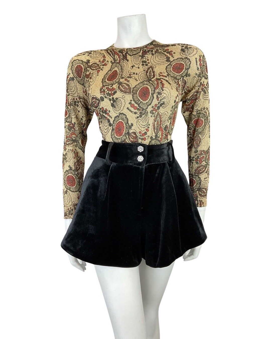 VINTAGE 60s 70s GOLD BLACK RED PSYCHEDELIC FLORAL LONGSLEEVE LUREX BLOUSE 10 12