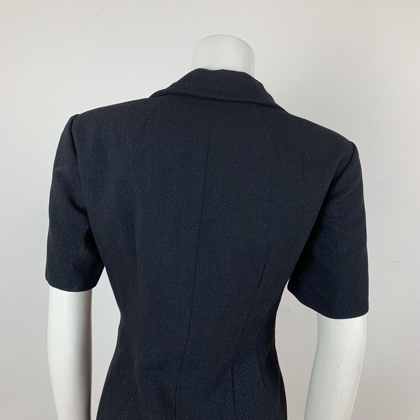 VINTAGE 60s 70s BLACK BLUE GLITTER LUREX PARTY MOD PETER PAN COLLAR DRESS 10