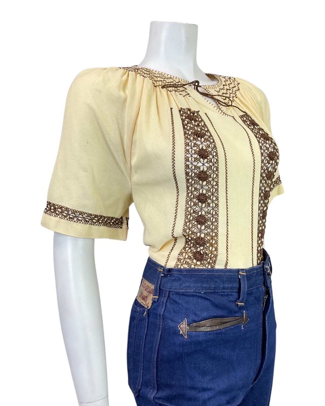 VINTAGE 70s YELLOW BROWN CROCHETED BOHO PRAIRIE FOLK COTTON BLOUSE 14 16
