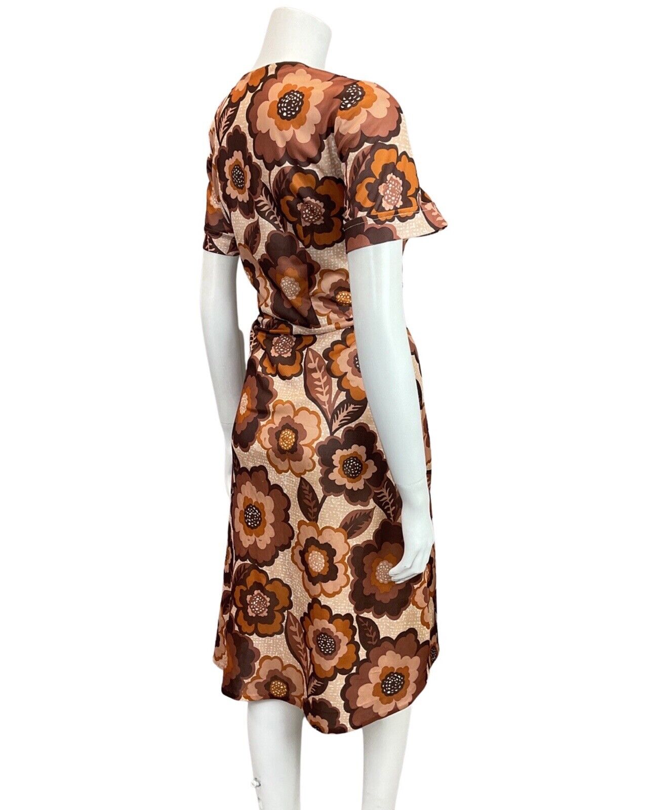 VINTAGE 60s 70s BROWN CREAM ORANGE FLORAL DAISY MOD SWING DRESS 16
