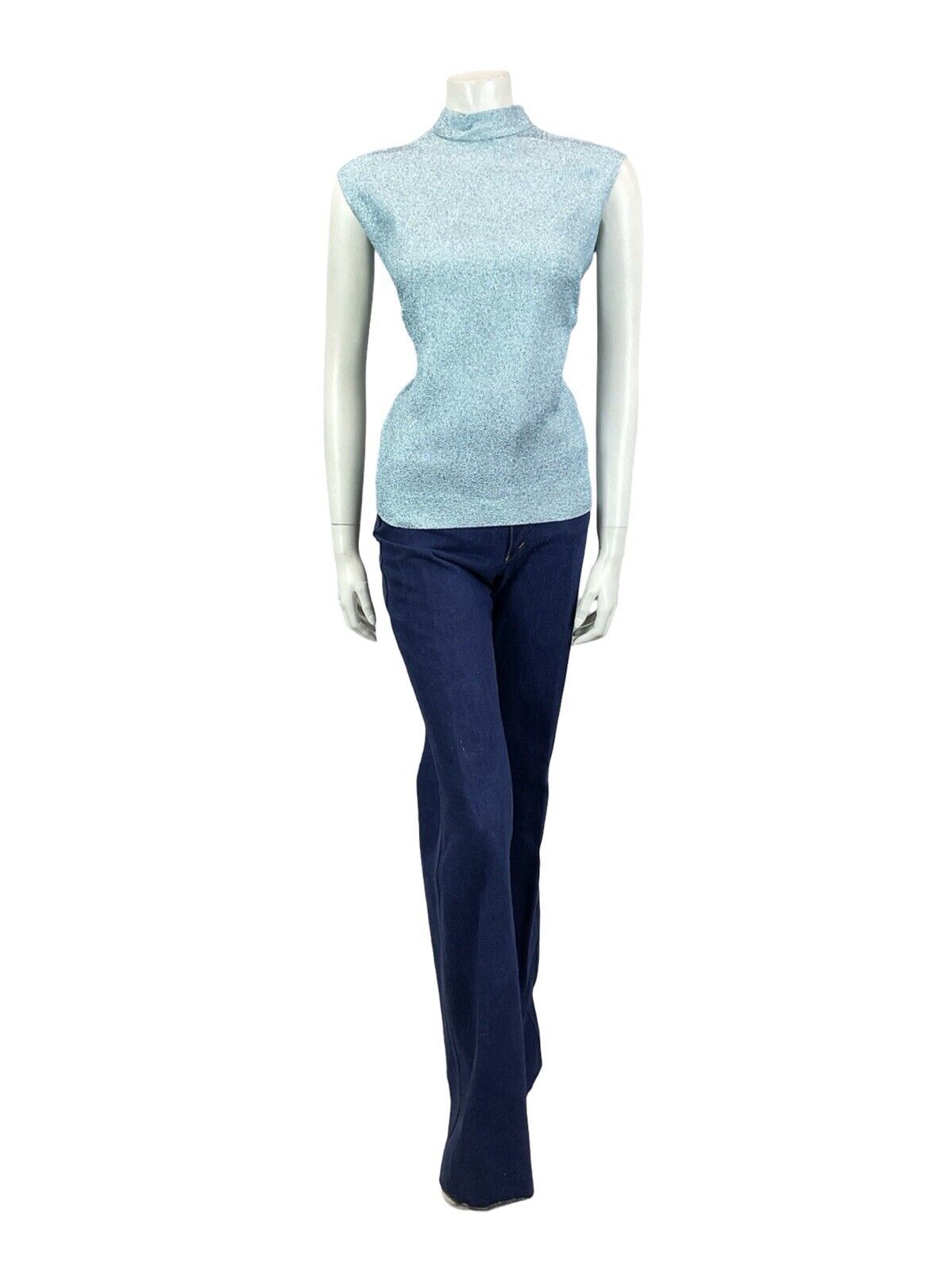 VTG 60S POWDER BLUE MOD GOGO LUREX SLEEVELESS FUNNEL NECK SHIFT PARTY TOP 10