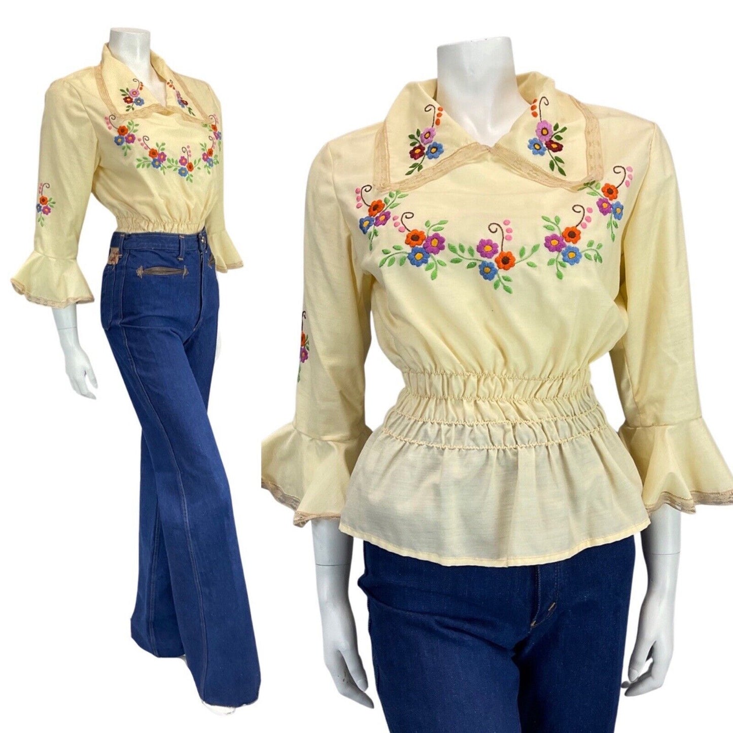 VINTAGE 70s CREAM PURPLE RED FLORAL EMBROIDERED PRAIRIE BOHO FOLK BLOUSE 10 12
