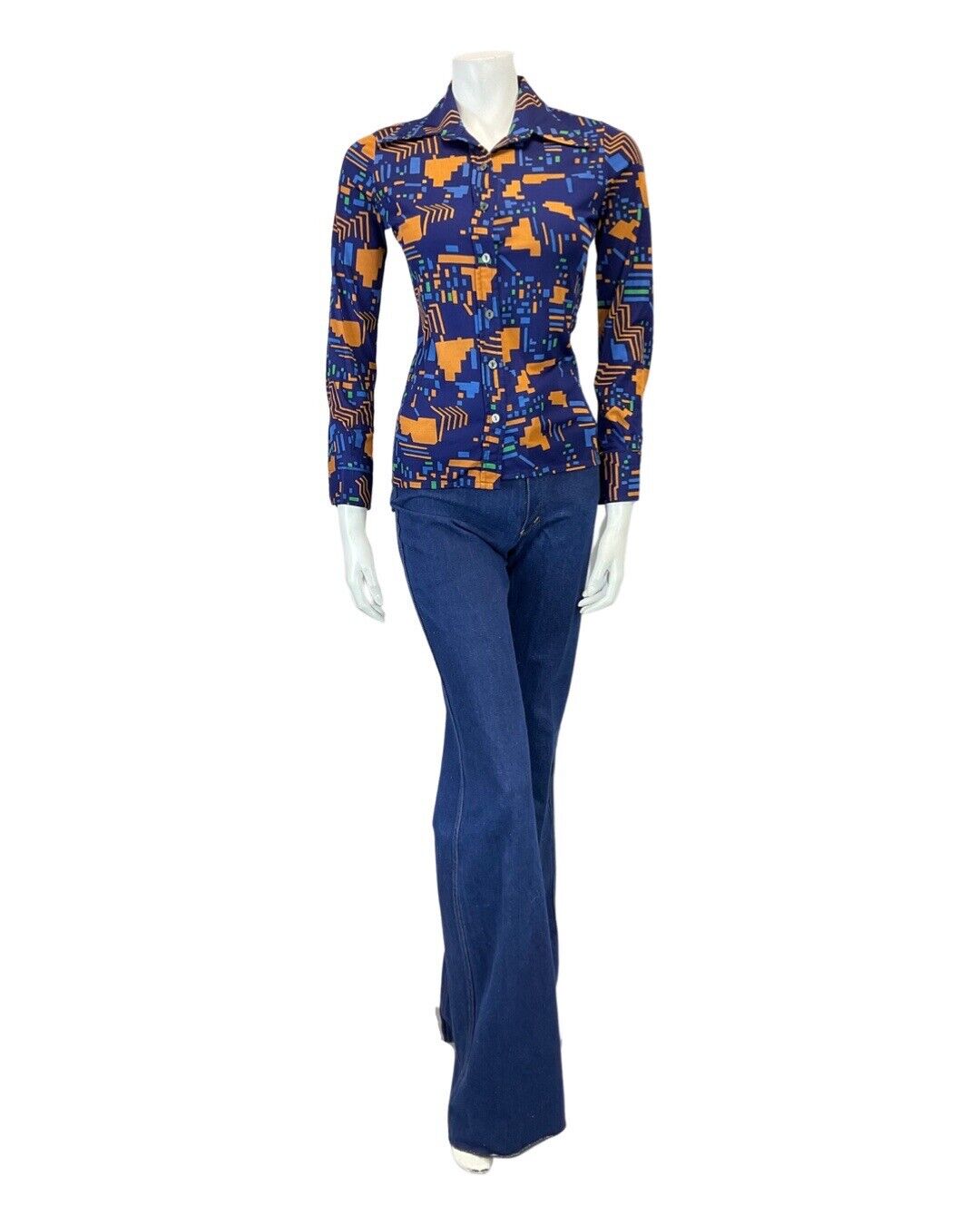 VINTAGE 60s 70s NAVY BLUE YELLOW GEOMETRIC MOD DAGGER COLLAR SHIRT 8