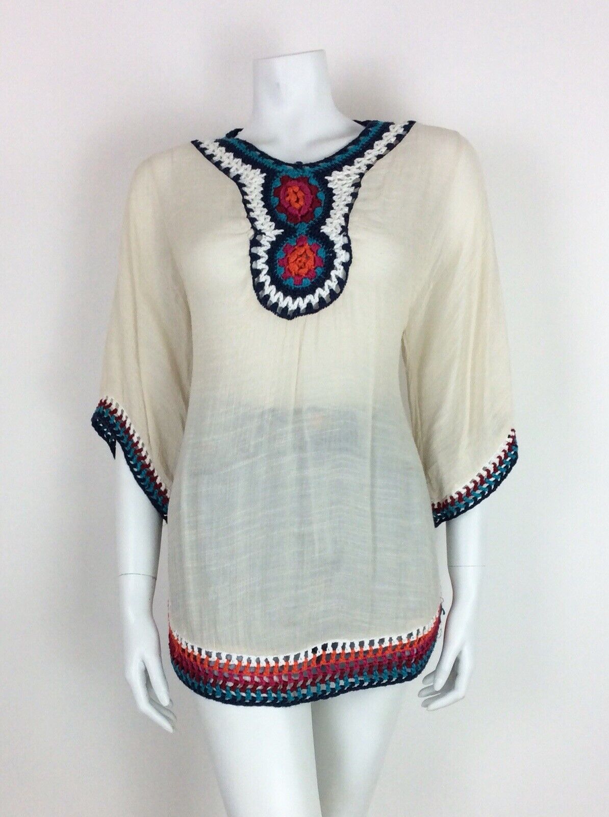VTG 70s CREAM RED BLUE ORANGE PINK BOHO HIPPY ETHNIC CROCHET BLOUSE TOP 10 12 14