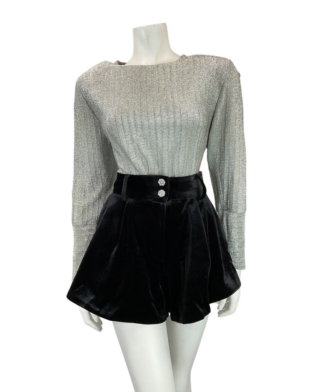 VINTAGE 60s 70s SILVER DISCO PARTY LUREX LONG-SLEEVE BLOUSE TOP 14 16