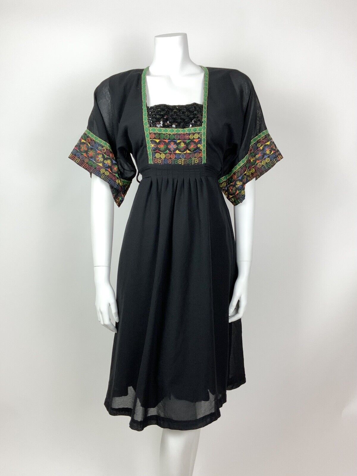 VTG 60s 70s BLACK GREEN ORANGE BLUE EMBROIDERED SEQUIN ETHNIC FOLK BOHO DRESS 8