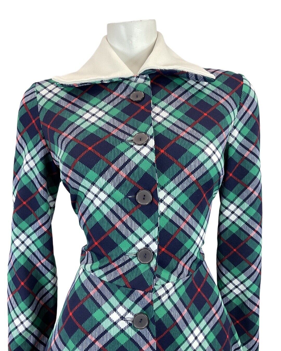 VINTAGE 60s 70s BLUE GREEN WHITE TARTAN CHECKED MOD WING COLLAR SHIRT DRESS 12