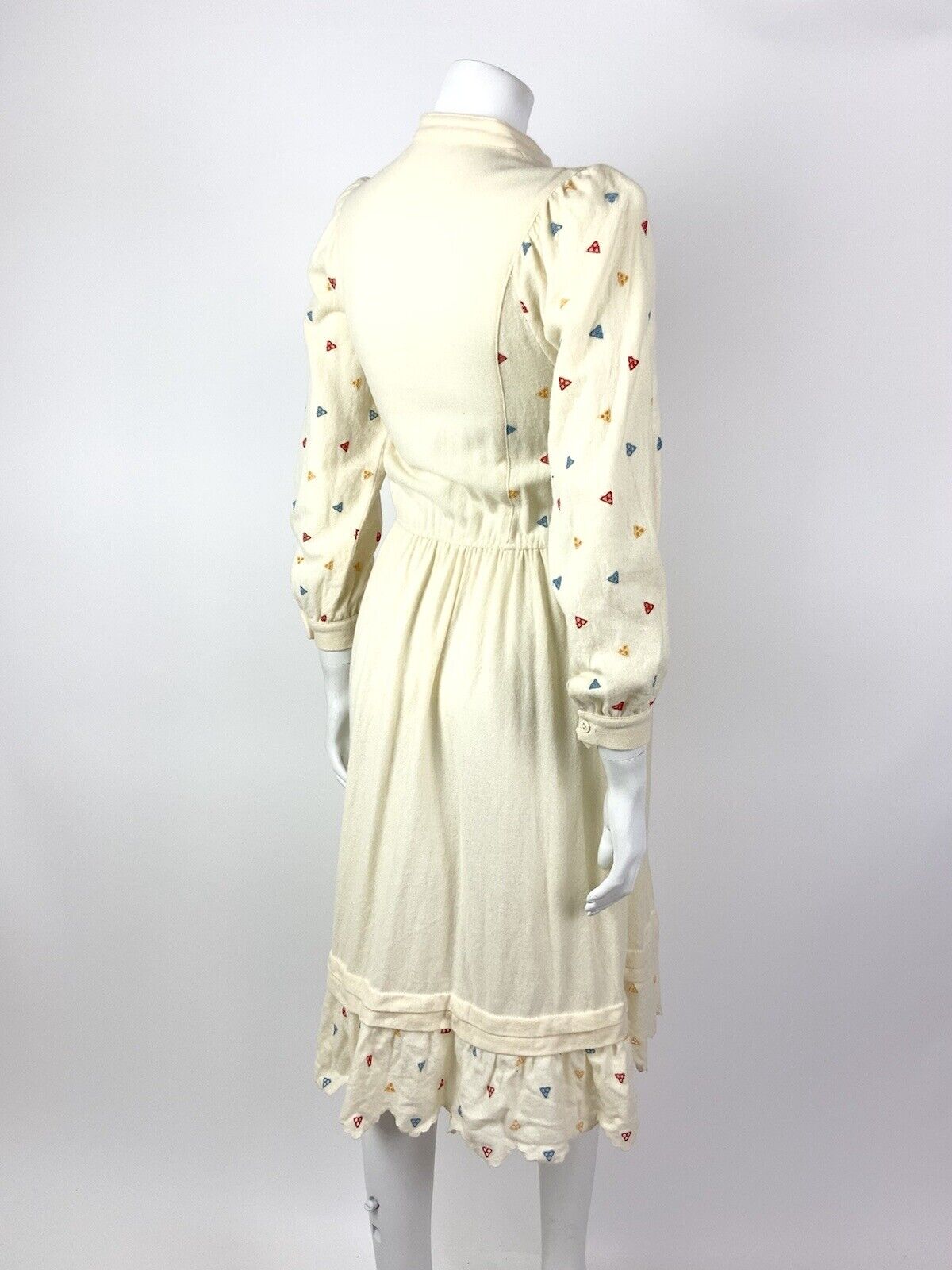 VINTAGE 70s 80s CREAM RED BLUE EMBROIDERED GEOMETRIC FOLK BOHO WOOL DRESS 6