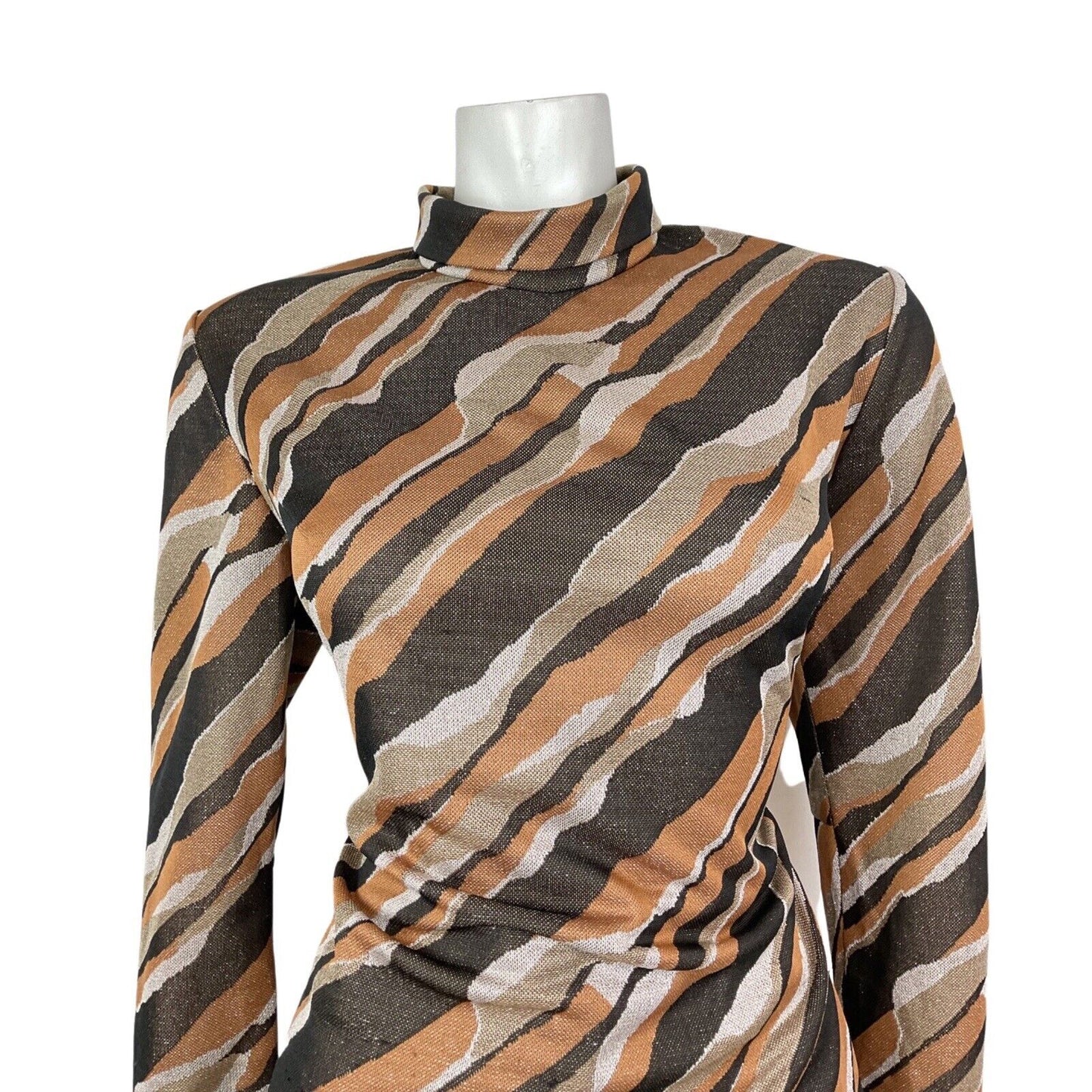 VTG 60s 70s BROWN ORANGE GOLD WHITE STRIPED LUREX PARTY MOD TURTLENECK TOP 16