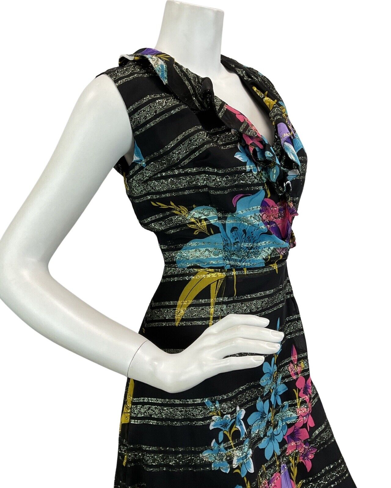 VINTAGE 60s 70s BLACK PINK BLUE FLORAL BOHO DISCO PARTY MAXI DRESS 8