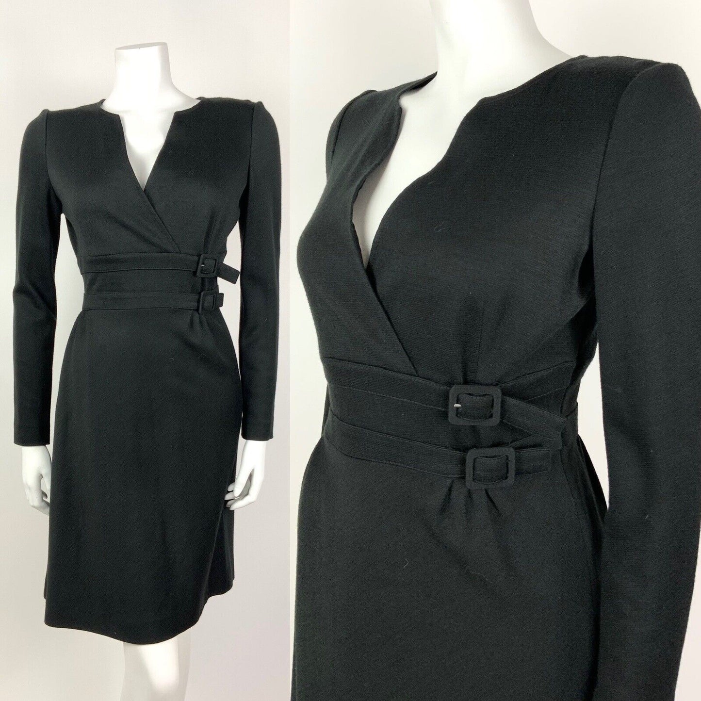 VINTAGE 60s 70s BLACK V-NECK BUCKLE BELT MOD DRESS 10 12