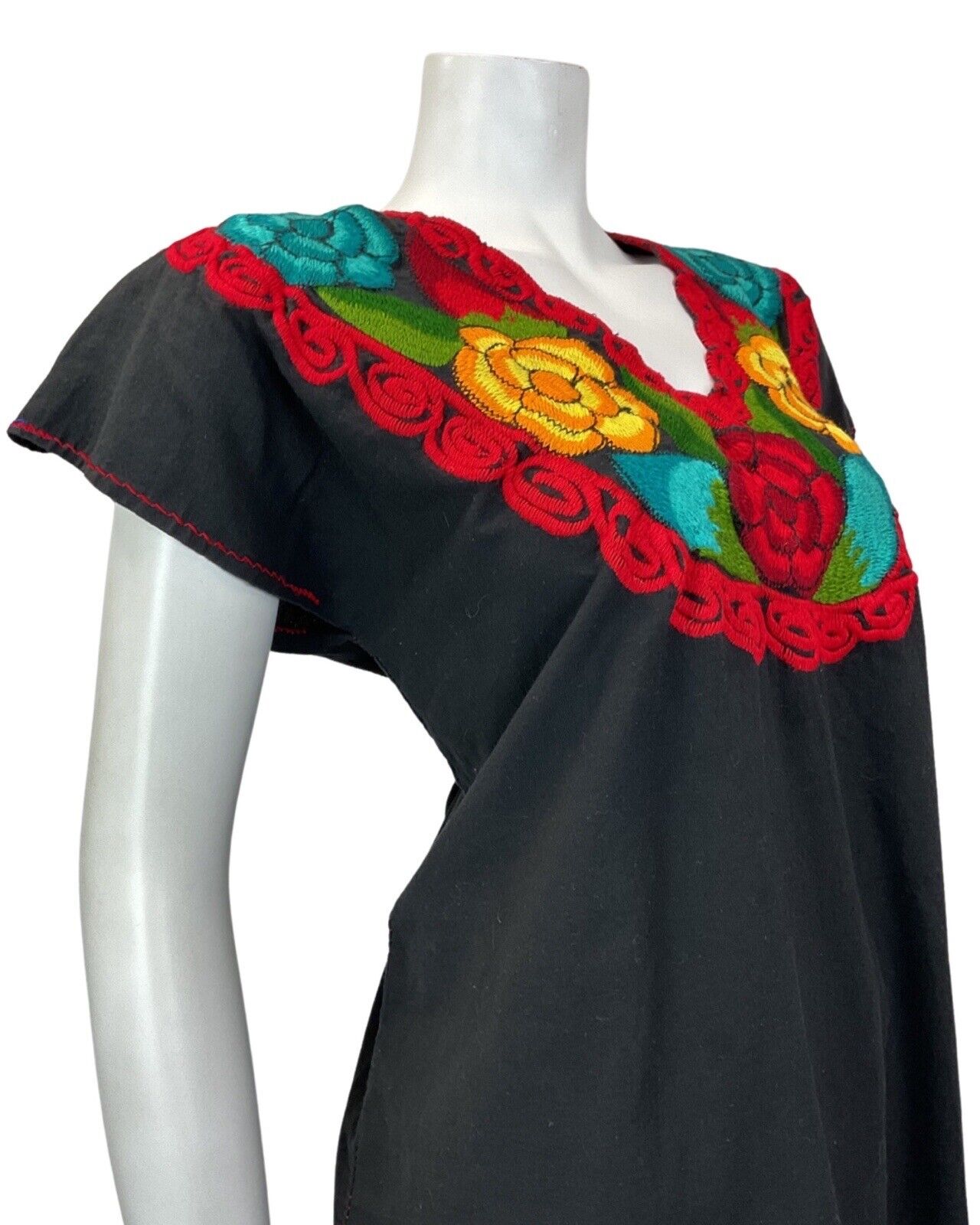 VINTAGE 60s 70s BLACK RED YELLOW FLORAL EMBROIDERED BOHO FOLK BLOUSE 16 18