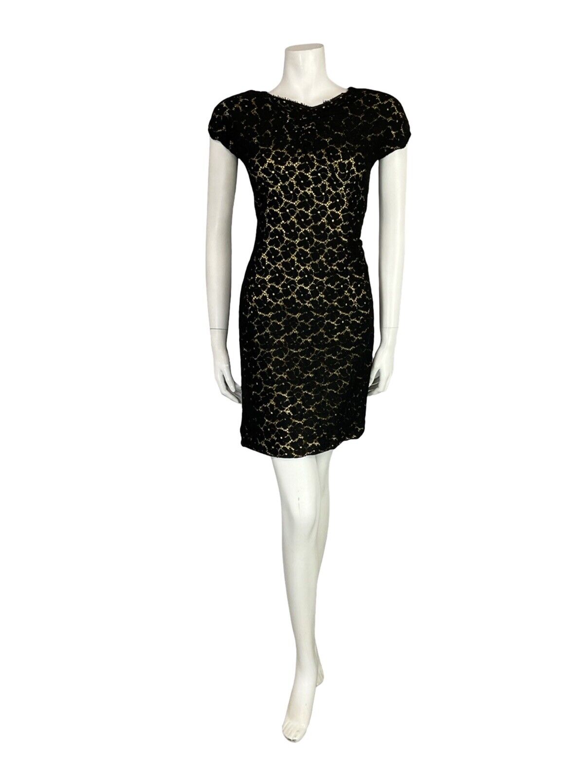 VTG 60S BLACK LACE GOLD V BOAT NECK SHORT SLEEVE PARTY SHIFT LBD MINI DRESS 8