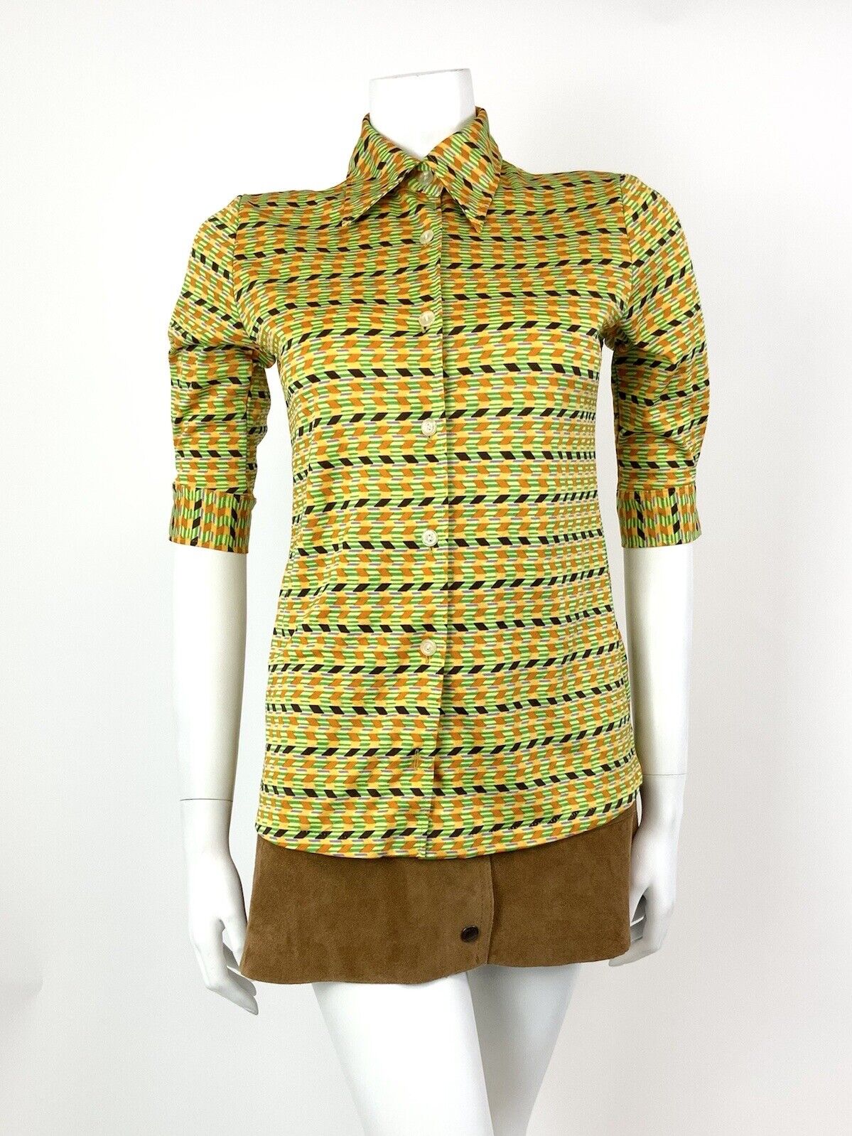 VTG 60s 70s GREEN ORANGE PURPLE GEOMETRIC STRIPED ZIG-ZAG DAGGER SHIRT 8 10