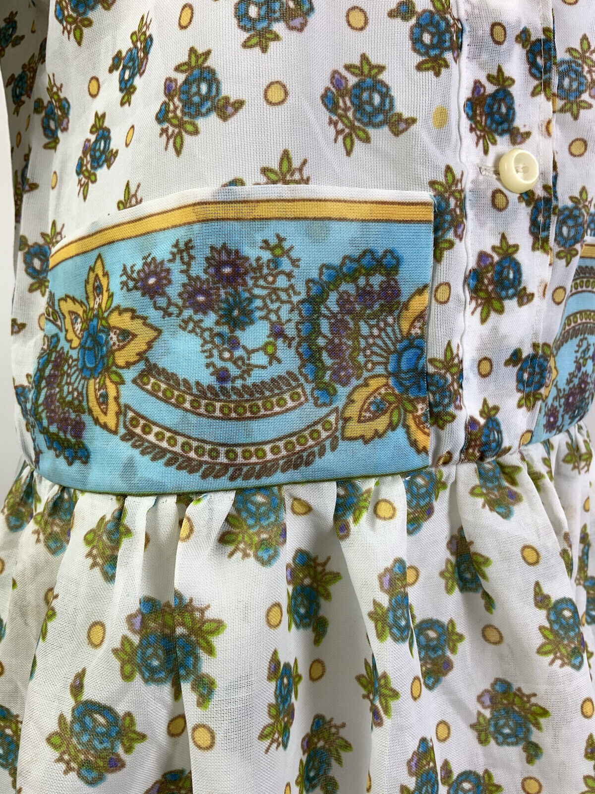 VINTAGE 60s 70s WHITE BLUE GREEN FLORAL ROSE FOLK BOHO KIMONO SLEEVE DRESS 10 12