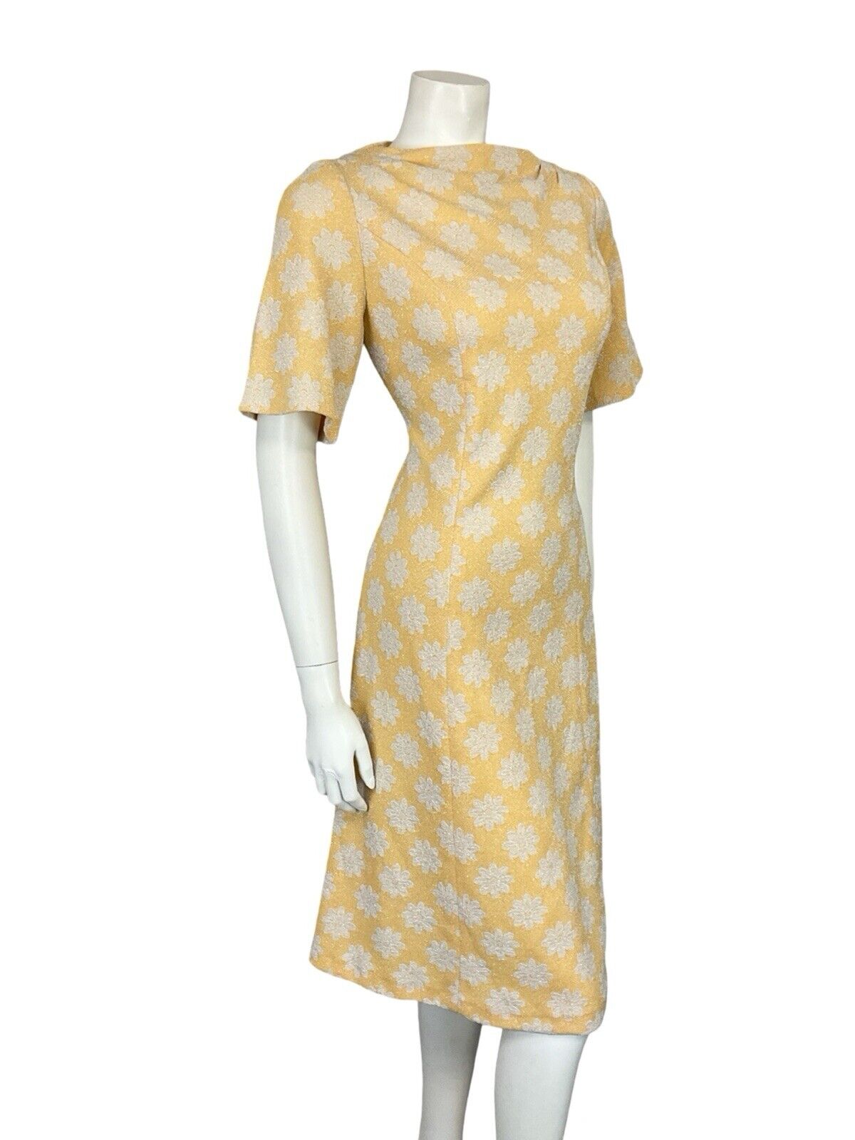 VTG 60S FLOWER POWER SILVER YELLOW GOLD FLARE SHORT SLEEVE PARTY MIDI DRESS 12