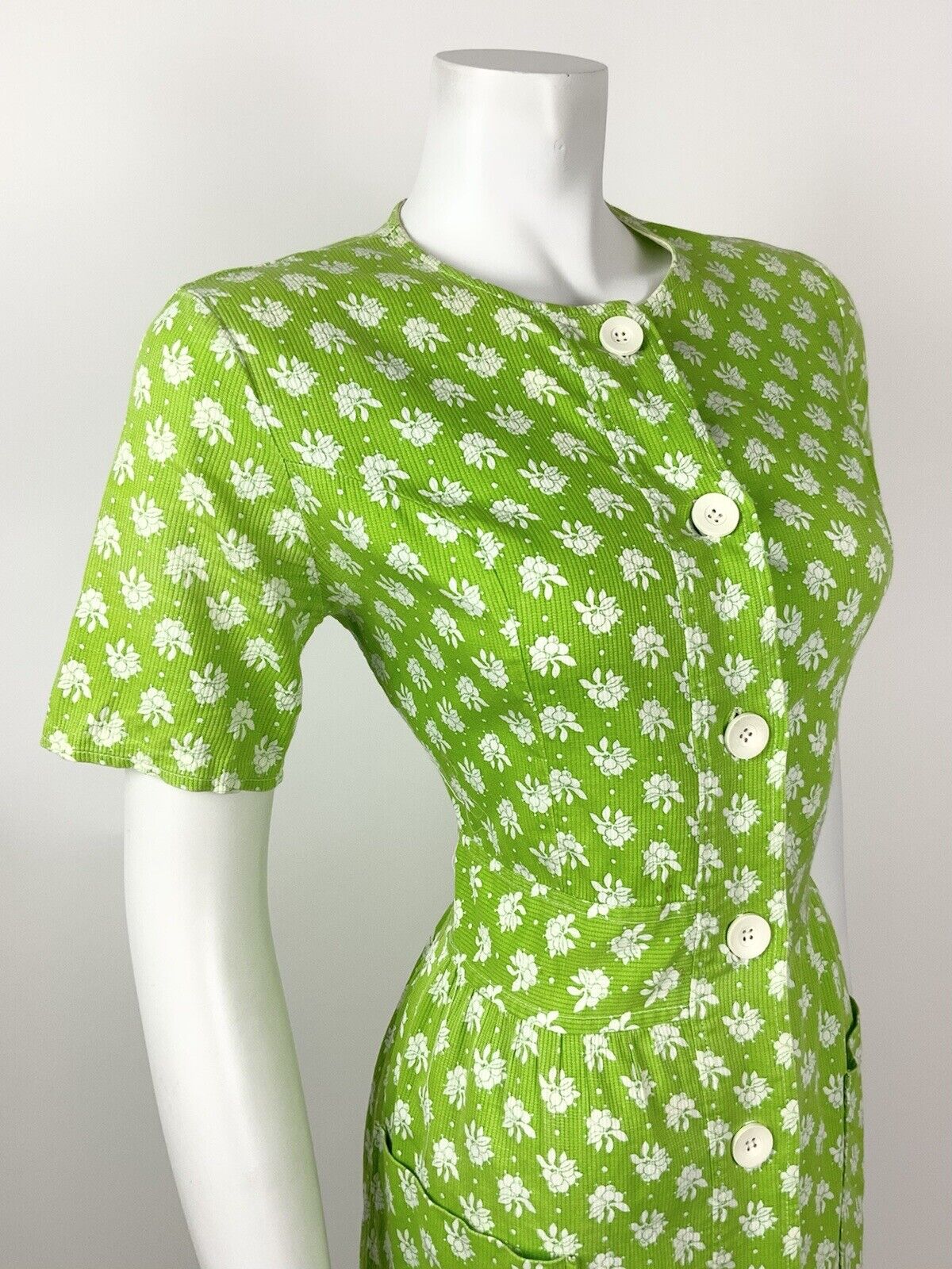 VINTAGE 60s 70s LIME GREEN WHITE FLORAL DOTTY MOD COTTON DRESS 10 12
