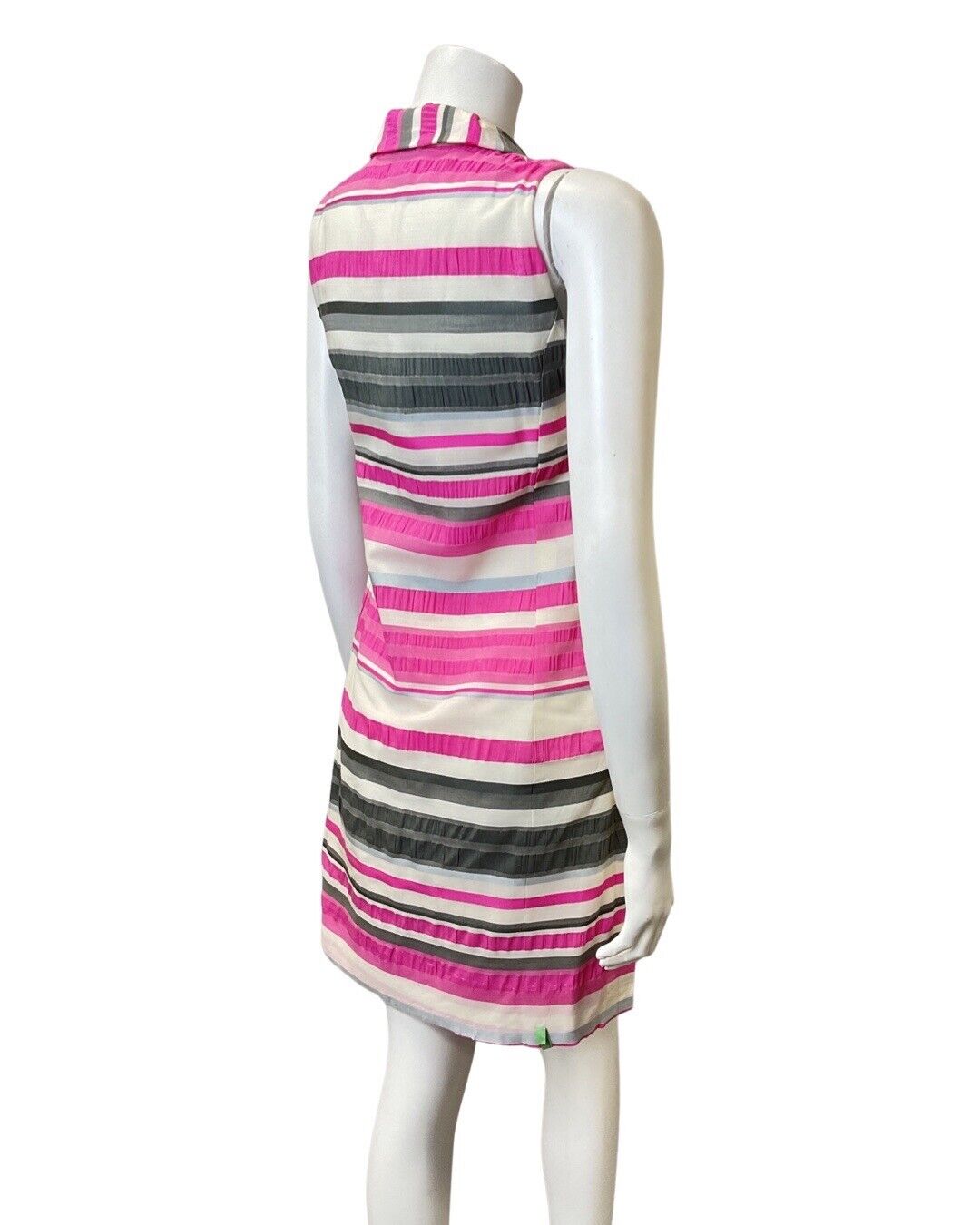 VINTAGE 60s 70s PINK SILVER WHITE STRIPED MOD SLEEVELESS SHIRT SHIFT DRESS 6