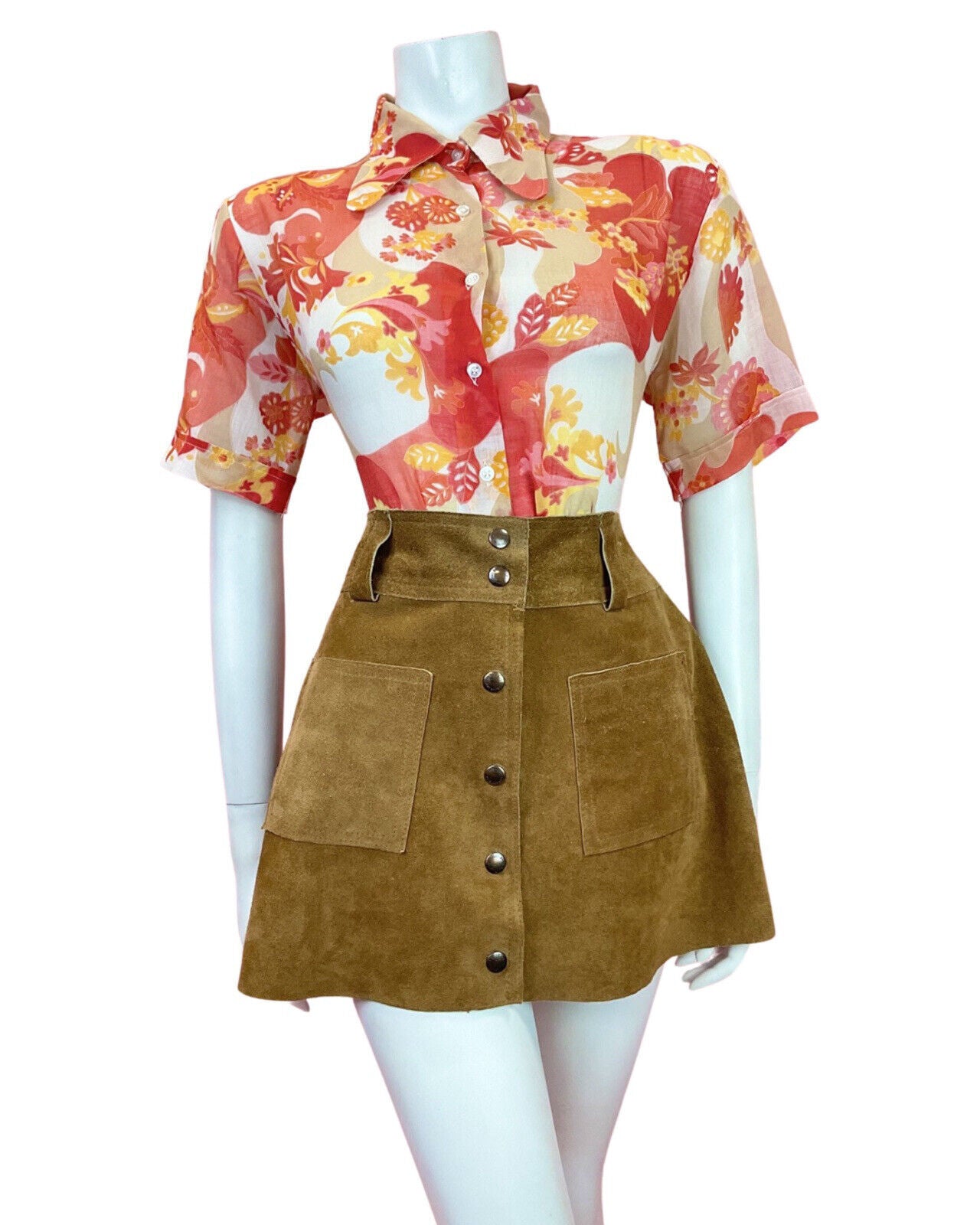 VTG 60s 70s RED ORANGE BEIGE PSYCHEDELIC SWIRL FLORAL SPOON COLLAR SHIRT 16 18