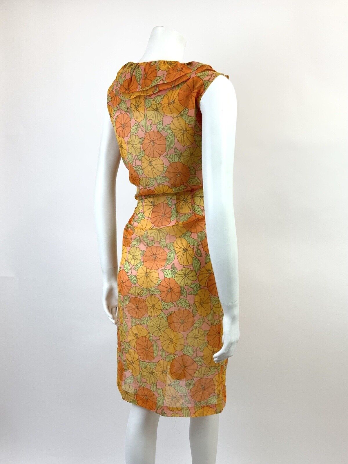 VINTAGE 60s 70s ORANGE PINK YELLOW GREEN FLORAL RUFFLE SHEER MOD DRESS 10 12